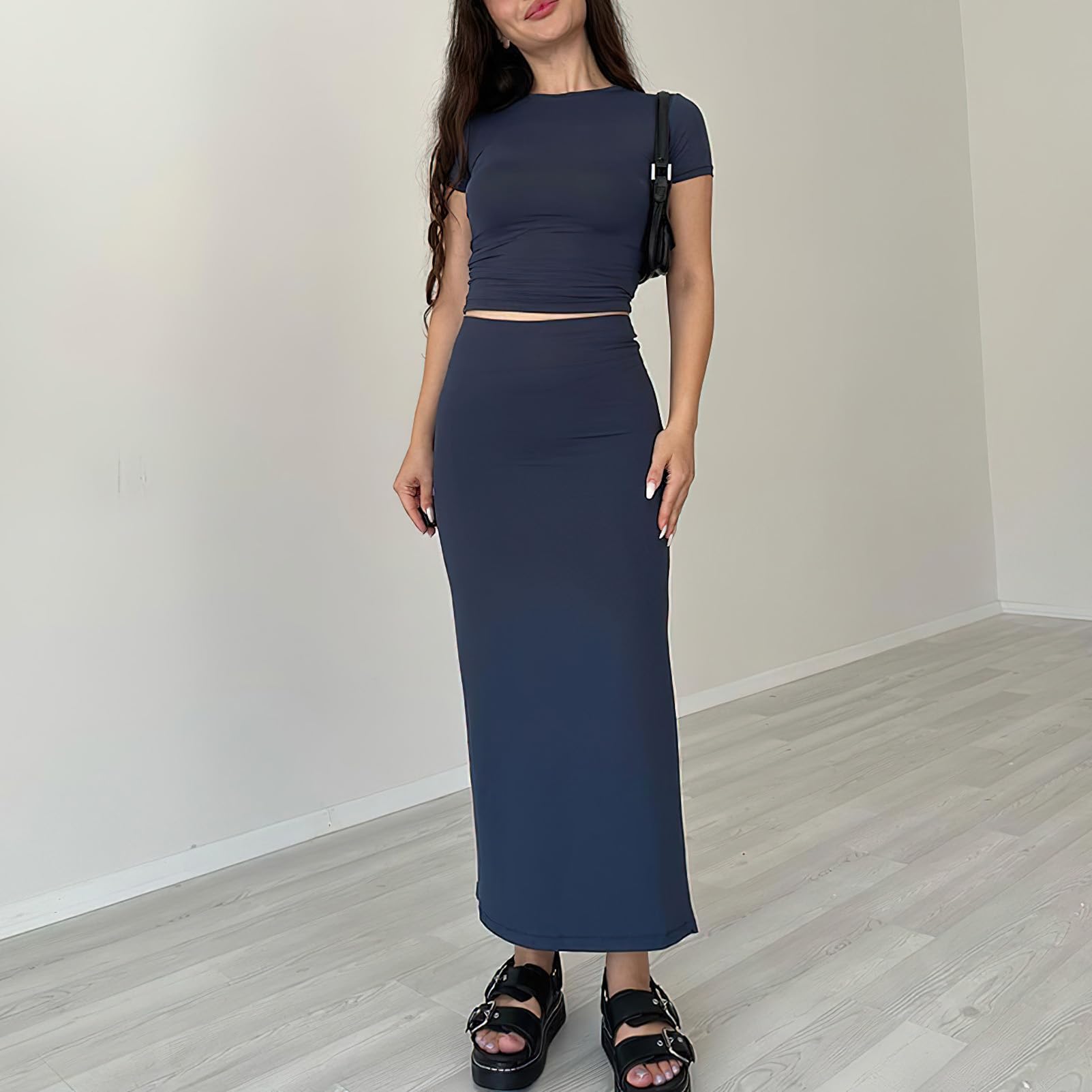 Women's 2 Piece Maxi Skirt Set - Bodycon Crop T-Shirt & High Slit Dress for Summer | Beach Vacation, Date Night, Party Outfits