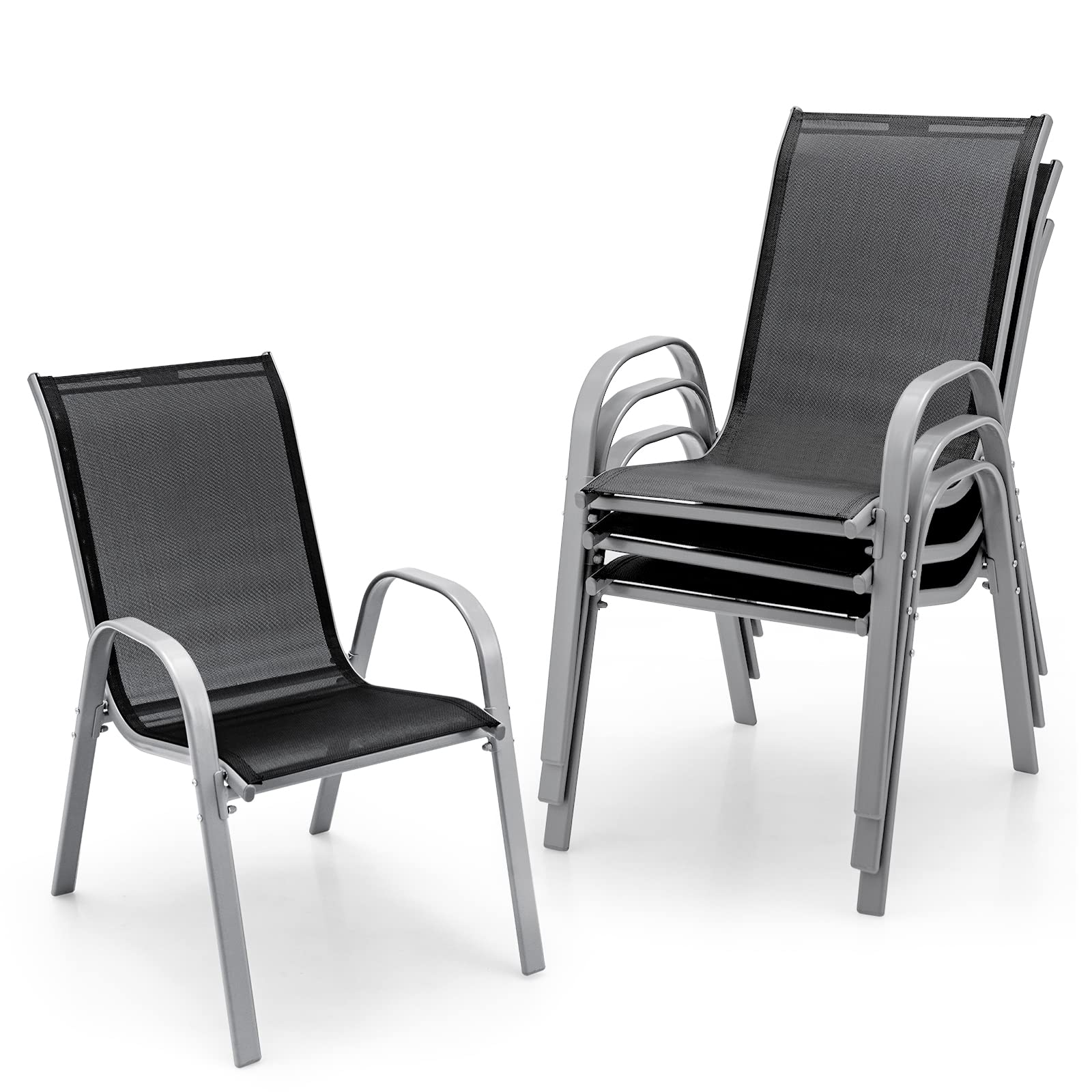 Tangkula 4-Piece Stackable Outdoor Dining Chairs Set - Heavy Duty Steel Frame Patio Armchairs for Backyard, Lawn & Poolside - Weather Resistant Gray Outdoor Furniture (Perfect for BBQs, Garden Parties & Pool Relaxation)