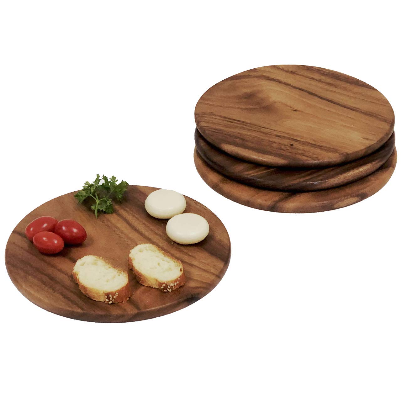 Woodard & Charles Acacia Wood Serving Plates Set of 4 - 9 Inch Round Charcuterie Boards for Sushi, Dessert, Bread & Cheese | Perfect for Dinner Parties, Picnics & Entertaining