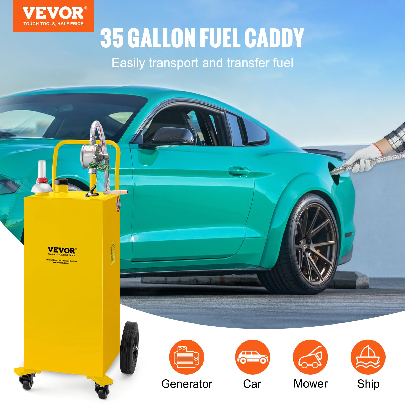 VEVOR 35 Gallon Fuel Caddy with Manual Pump - Portable Gas & Diesel Storage Tank on Wheels for Cars, Lawn Mowers, ATVs, Boats - Ideal for Garage, Farm & Outdoor Use (Yellow)