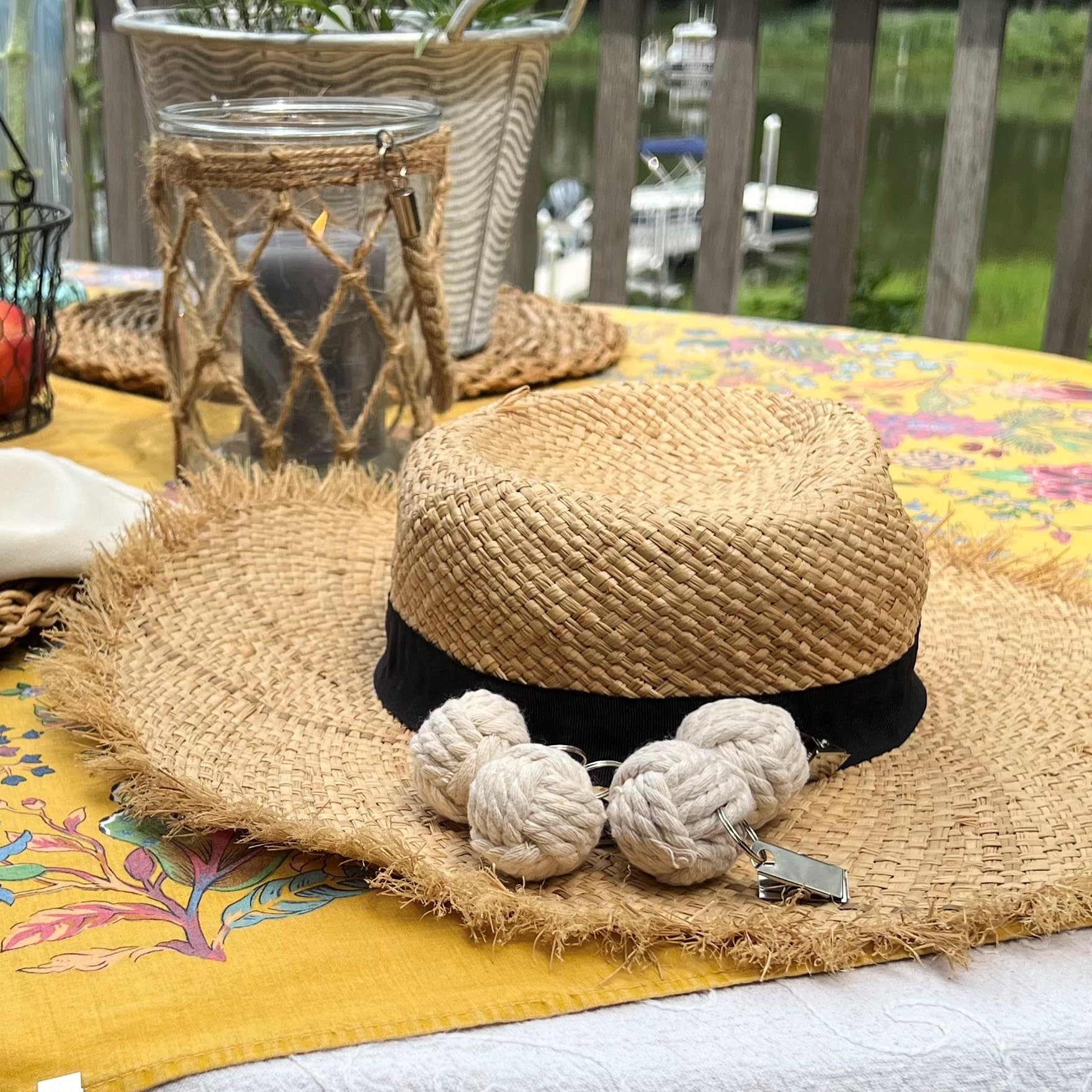 Premium Nautical Knot Tablecloth Weights Set of 4 - Jute Rope Monkey Fist Design with Silver Metal Clips (1.75