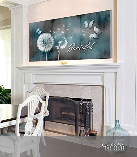 Grateful Dandelions Wall Art - Rustic Butterfly Decor for Bedroom - Teal 42x19 Inch Canvas Painting - Perfect for Boho Home Decor, Living Room & Nursery Wall Decorations