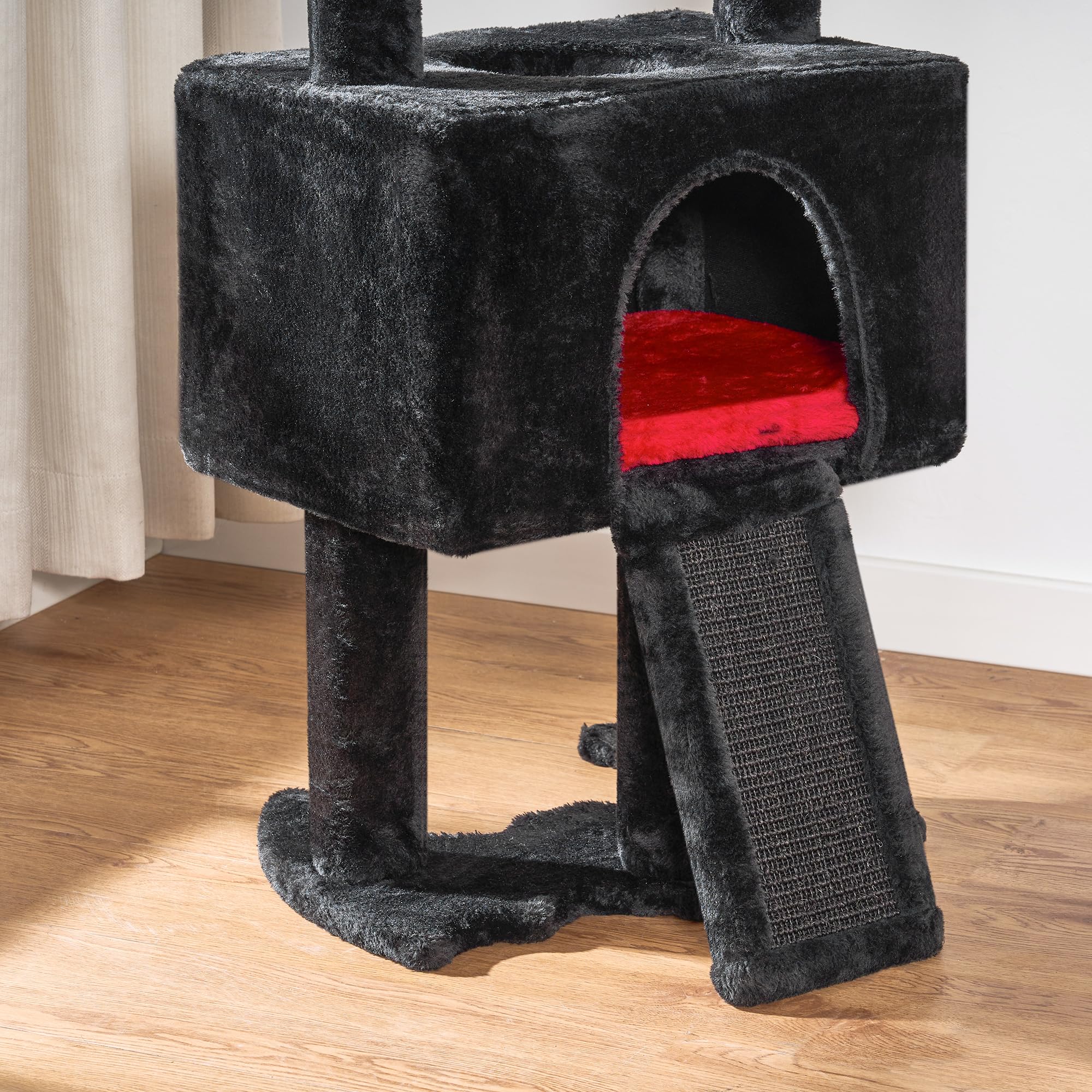 BEWISHOME Gothic Cat Tree with Coffin Cat Bed - Black & Red Halloween Cat Tower with Scratching Post, Soft Cushion & Spider Hanging Ball - Spacious Cat Condo for Play & Rest - Perfect Gothic Pet Furniture for Halloween Decor & Everyday Use