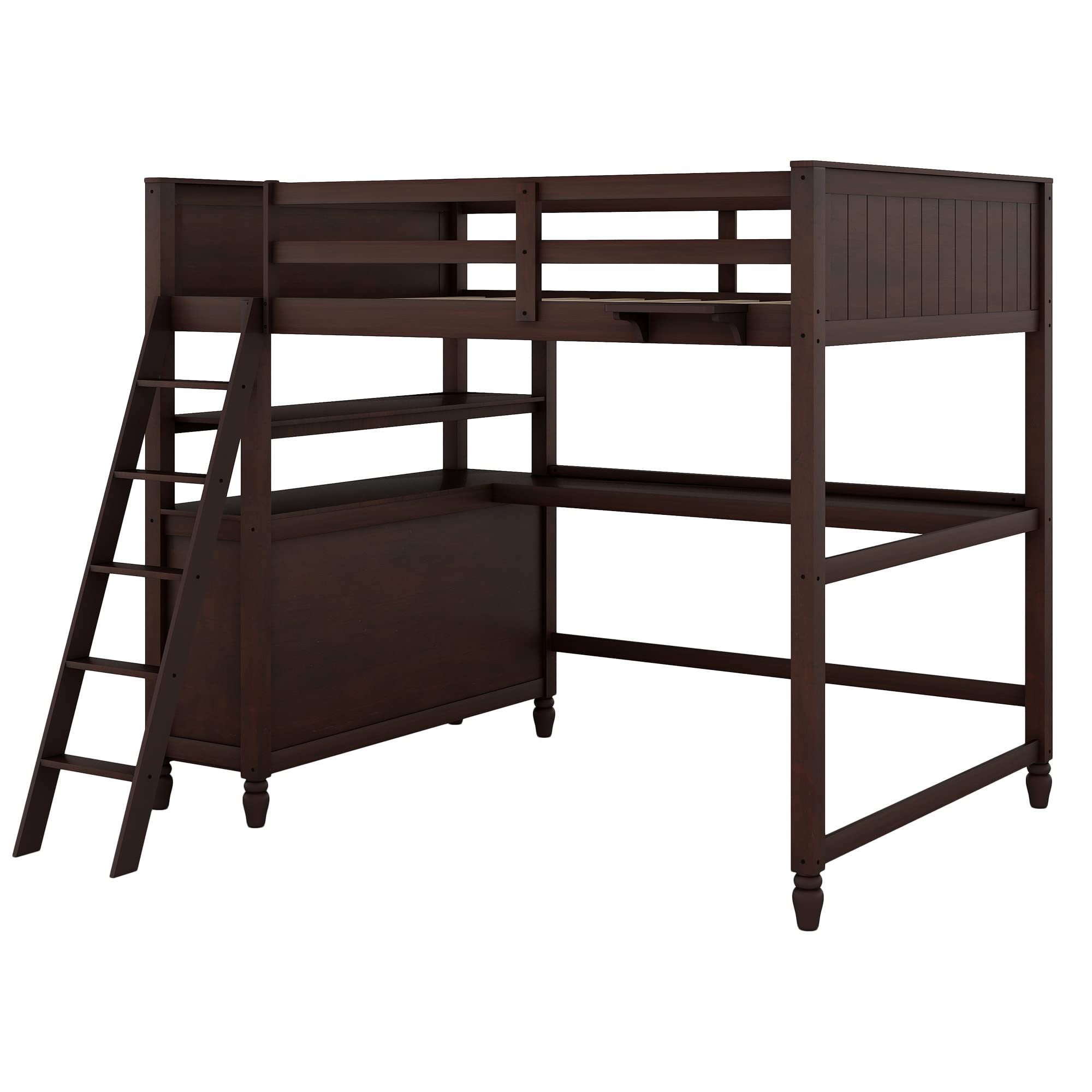 Full Size Loft Bed Frame with 6 Storage Drawers, Shelves & Study Desk - Sturdy Wooden Bunk Bed with Safety Ladder - Space-Saving Kids Bedroom Furniture in Espresso Finish - Perfect for Small Rooms, Dormitories & Teen Bedrooms