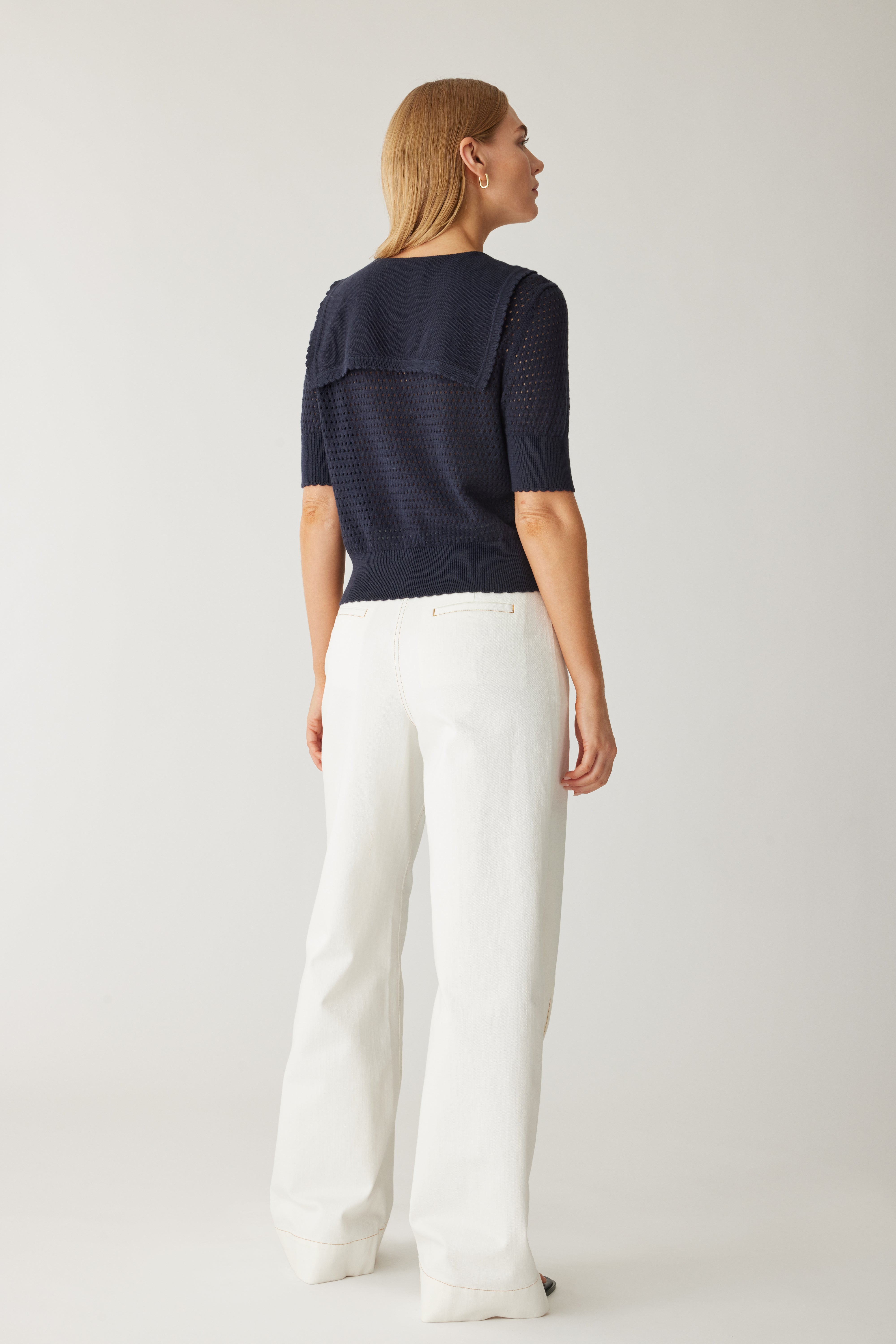 Navy Blue Fern Short Sleeve Knit Sweater for Women | Casual Comfort Wear | Perfect for Spring & Summer Outfits