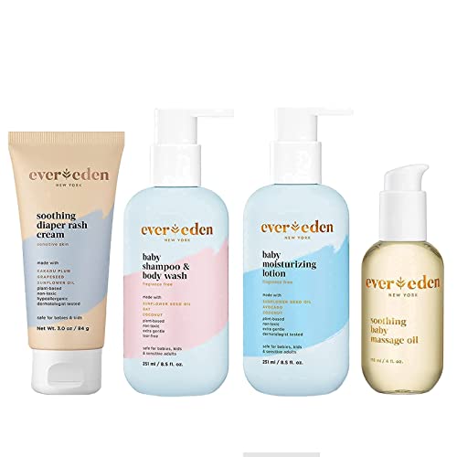Evereden Baby Shampoo & Body Wash, Fragrance-Free Moisturizing Lotion, Soothing Massage Oil & Diaper Rash Cream - 4 Piece Baby Care Gift Set for Newborns & Sensitive Skin | Perfect for Daily Bath Time, Skin Hydration & Diaper Change Routine