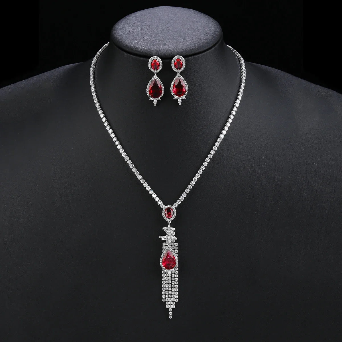 Elegant CZ Cubic Zirconia Long Tassel Pendant Necklace & Earrings Set for Women - Bridal Wedding Jewelry Gift Set (CN11008) | Perfect for Weddings, Anniversaries and Special Occasions