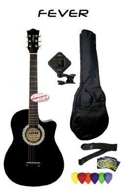 Fever 3/4 Size Acoustic Cutaway Guitar with Case, Strap, Picks & Tuner - Black (FV-030C-BK-PACK) - Perfect for Beginners, Travel & Small Hands | Ideal for Home Practice, Camping & Music Lessons