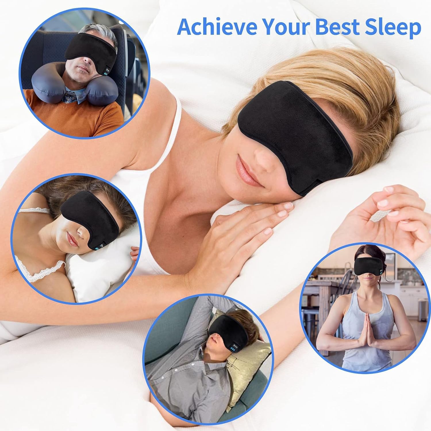 Upgraded Music Sleep Eye Mask with Built-in Speakers & Microphone - Wireless Bluetooth Travel Sleeping Headset, Washable Eye Shades for Relaxation, Meditation & Airplane Travel