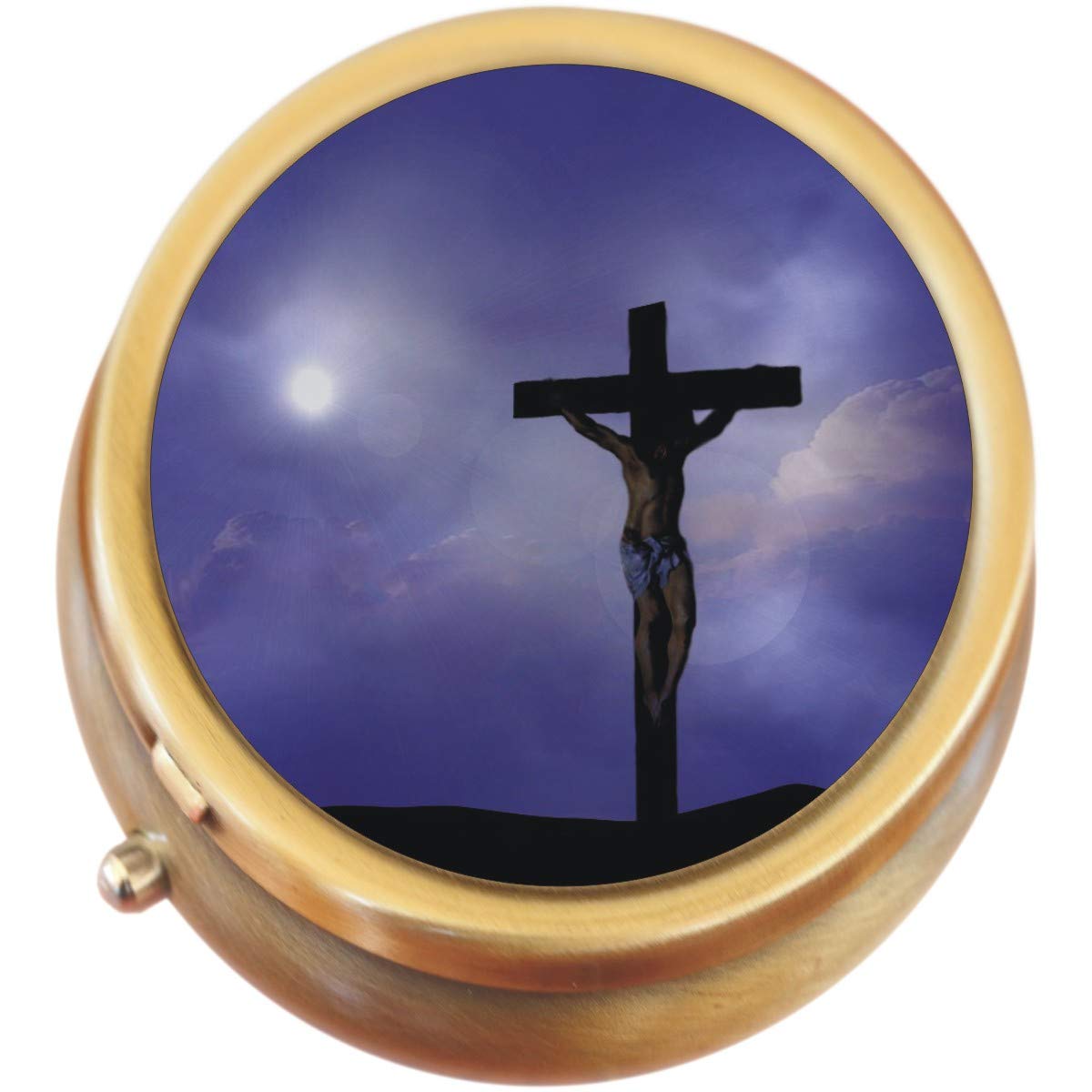 Brass Round Pill Box with Crucifix Design - Perfect for Travel, Medication Storage & Religious Gifts