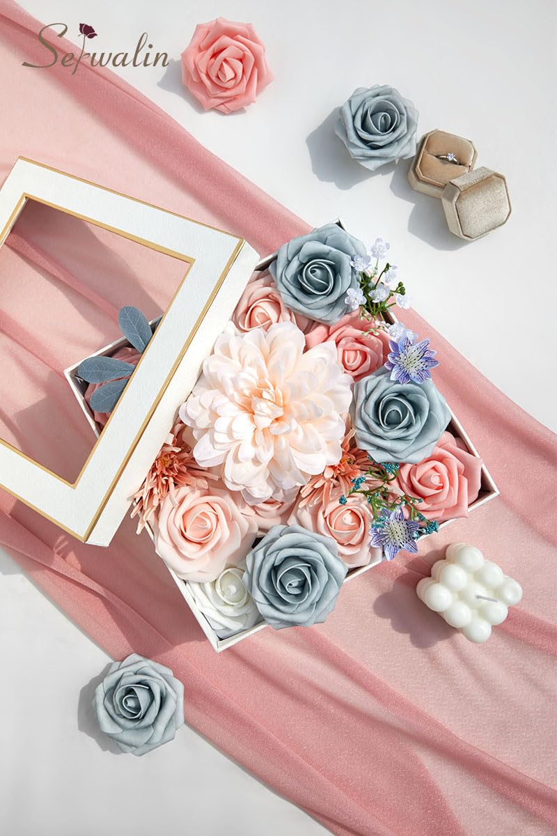 Serwalin Artificial Silk Flowers - Blue & Pink Fake Flowers for DIY Wedding Bouquets, Bridal Arrangements, Baby Shower Decor, Home & Cake Decoration | Perfect for Wedding Centerpieces, Party Decorations & Floral Crafts