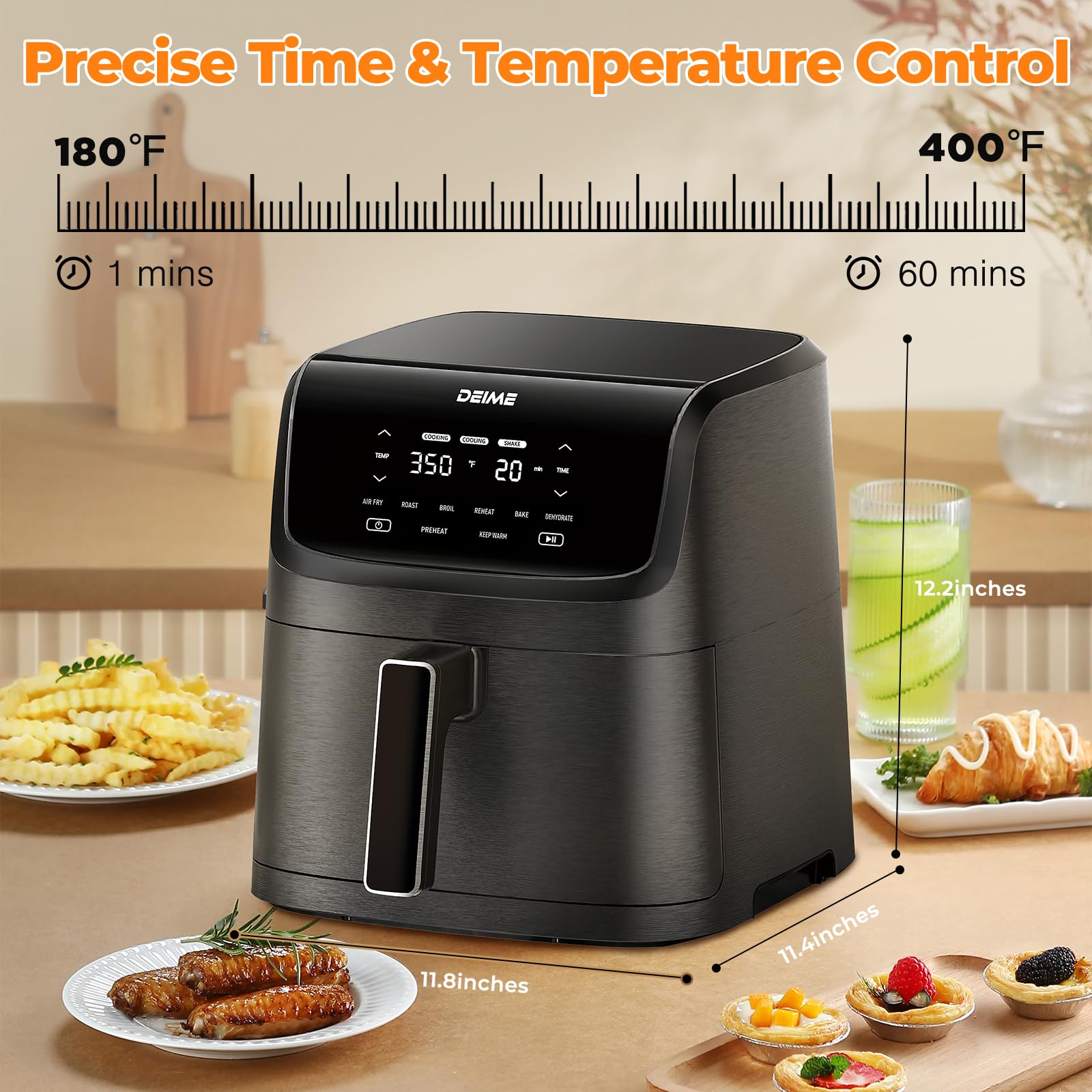 DEIME 7.2 QT 1700W Air Fryer Oven - Large Capacity Oil Free Cooker with 12 Presets, Visible Window & LCD Touch Screen - Customizable Cooking, Nonstick Basket (Black) - Perfect for Healthy Meals, Snacks & Family Dinners