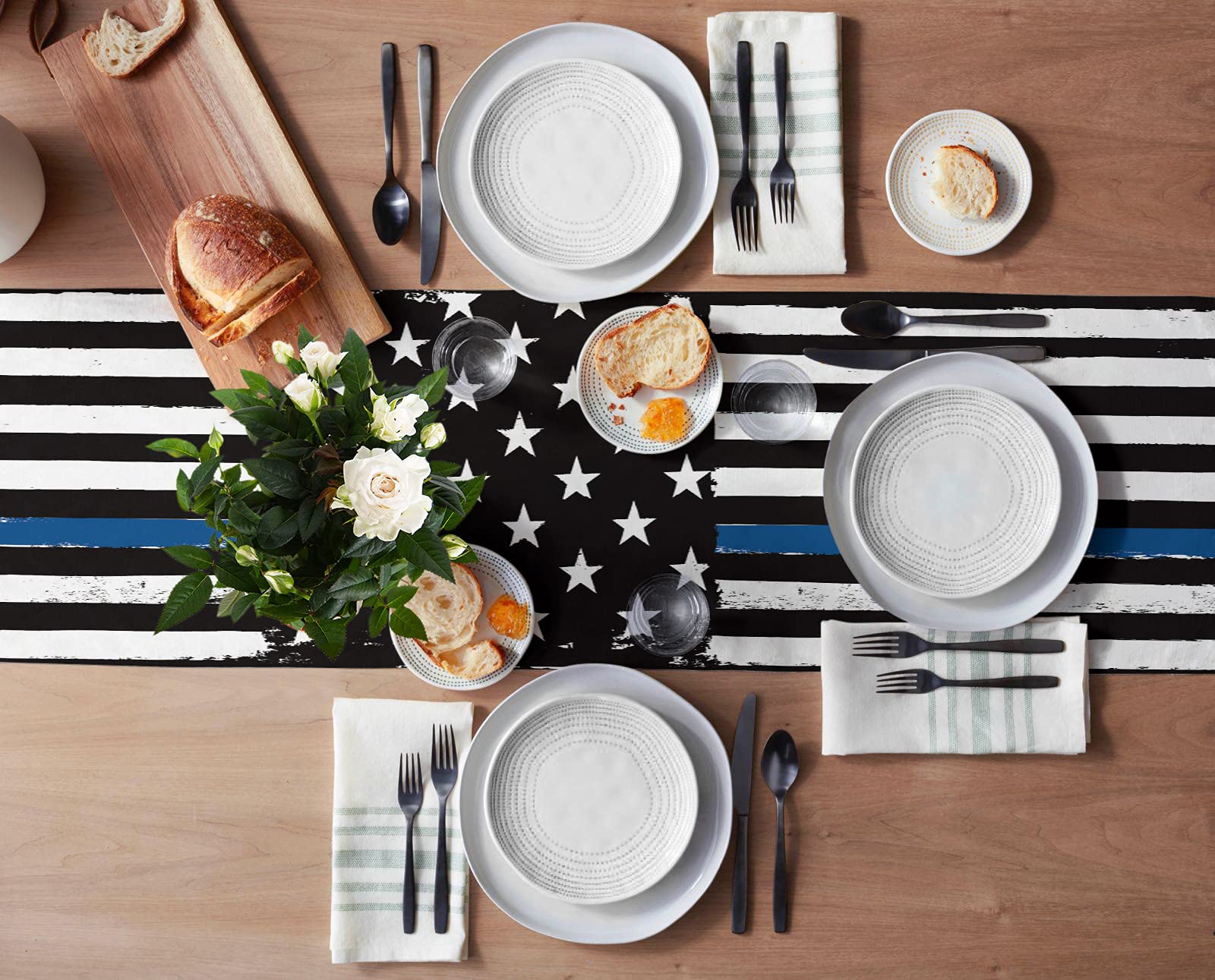 Thin Blue Line Black Table Runner - 120 Inch Cotton Linen American Police Flag Table Scarf | Rustic Dining Table Decor for Coffee Tables, Holiday Parties & Law Enforcement Gifts | Perfect for Home Decor, Patriotic Events & Police Appreciation