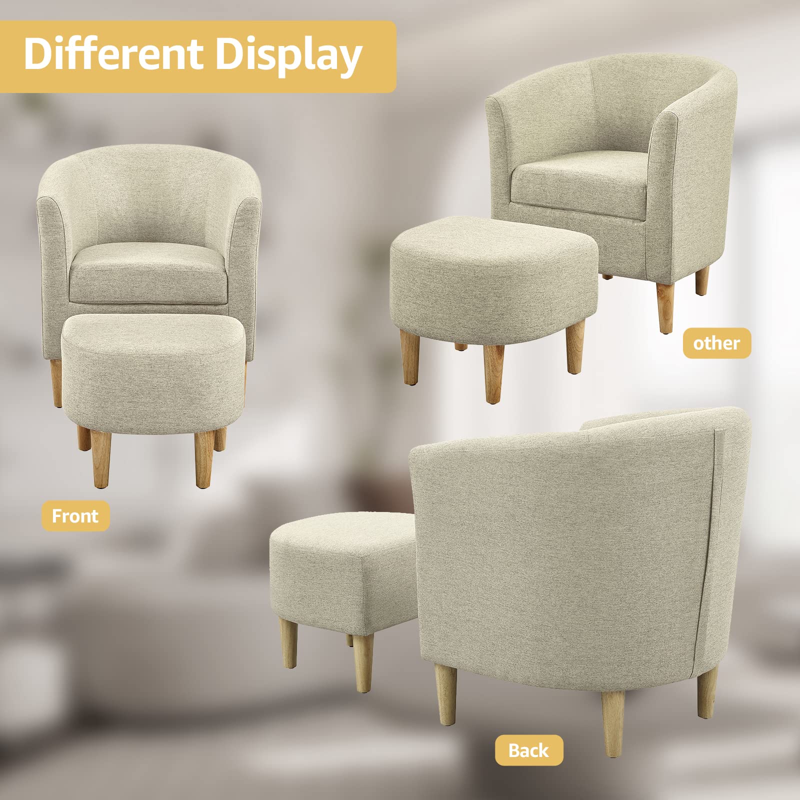 Mid Century Modern Accent Chair with Ottoman - Barrel Club Tub Sofa for Living Room & Bedroom, Upholstered Comfy Armchair & Footrest Set (Beige, Set of 1) - Perfect for Reading Nook, Lounge & Home Decor