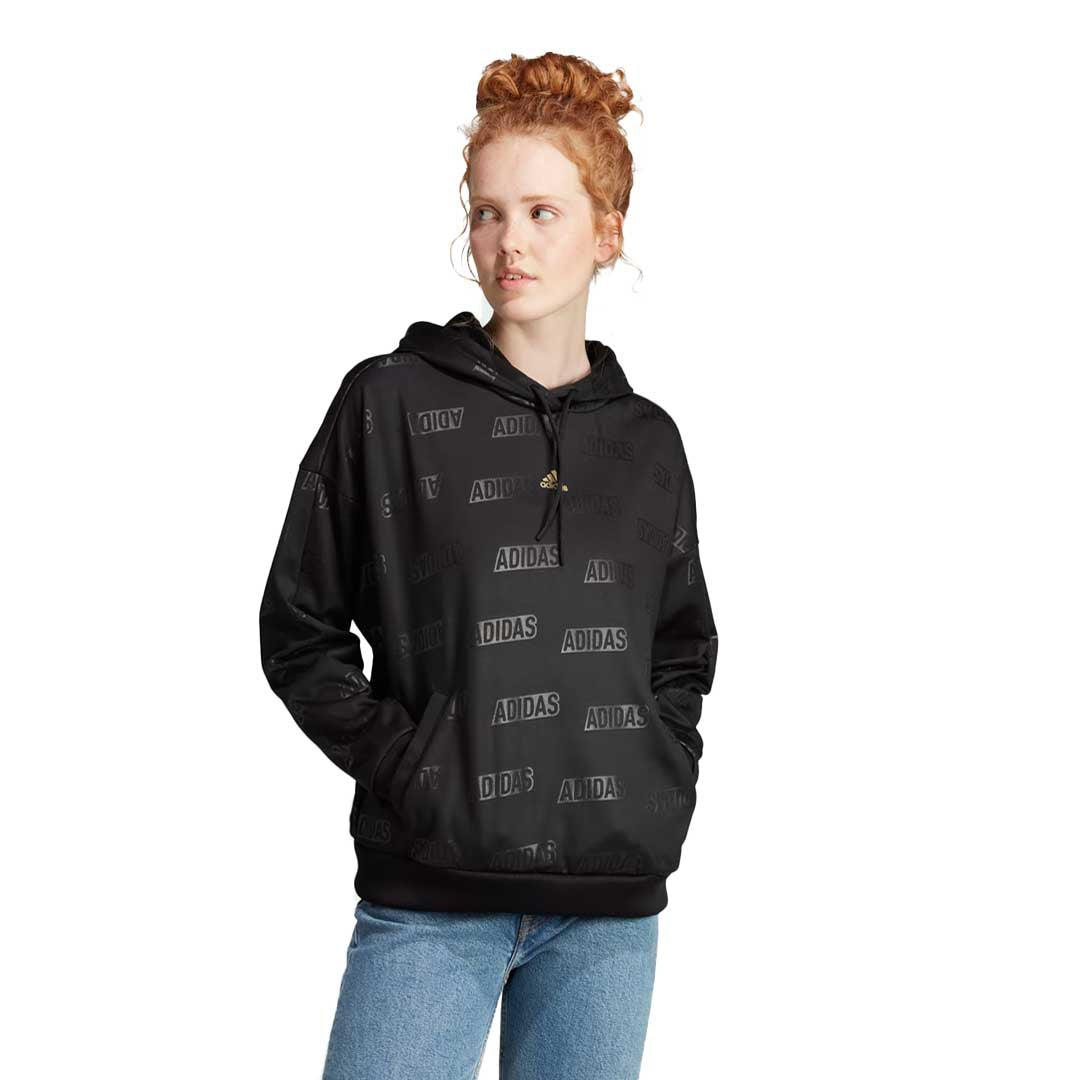 Adidas Women's Embossed Monogram Fleece Hoodie - Soft Warm Pullover Sweatshirt for Casual Wear & Outdoor Activities (IM2586)