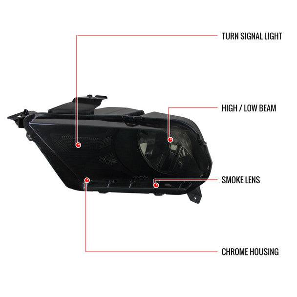 2010-2014 Ford Mustang Headlight Set - Black Housing & Smoke Lens Replacement Headlights - Factory Style LED Headlights for Improved Night Driving & Car Customization