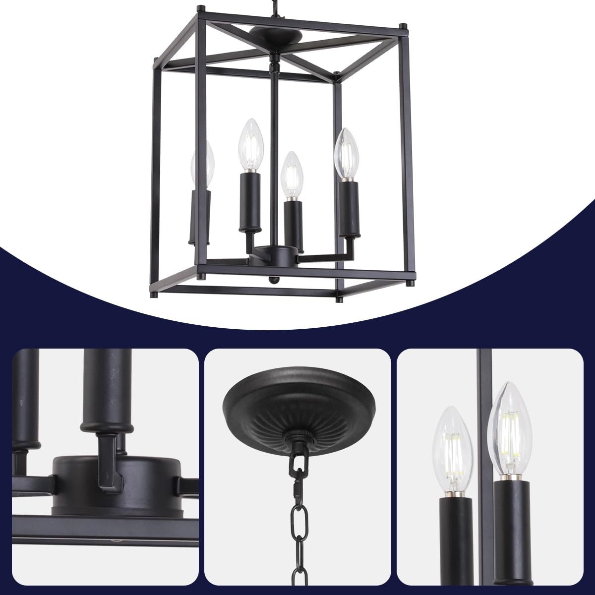 4-Light Farmhouse Chandelier - Matte Black Pendant Lighting Fixture for Dining Room, Kitchen Island, Foyer & Indoor Entryway | Rustic Lantern Hanging Light for Home Decor & Interior Design