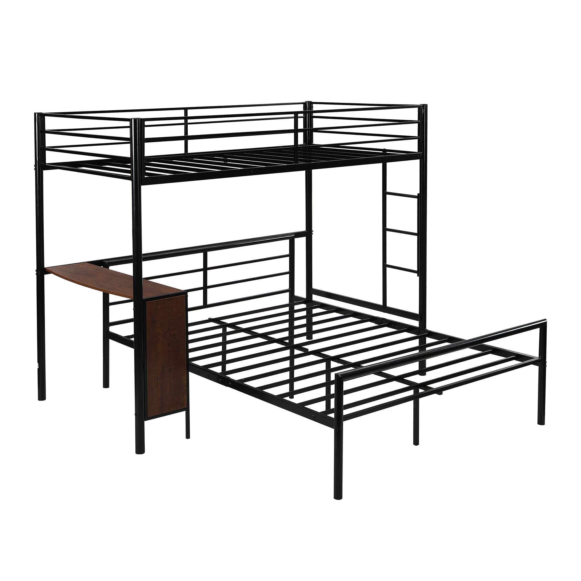 Metal Bunk Bed with Built-in Desk | Twin Over Full Bunk Bed Frame | Guardrail & Flat Step Ladder | Convertible to Separate Loft & Platform Bed (Black) - Space-Saving Solution for Kids' Bedrooms, Dorms & Small Apartments
