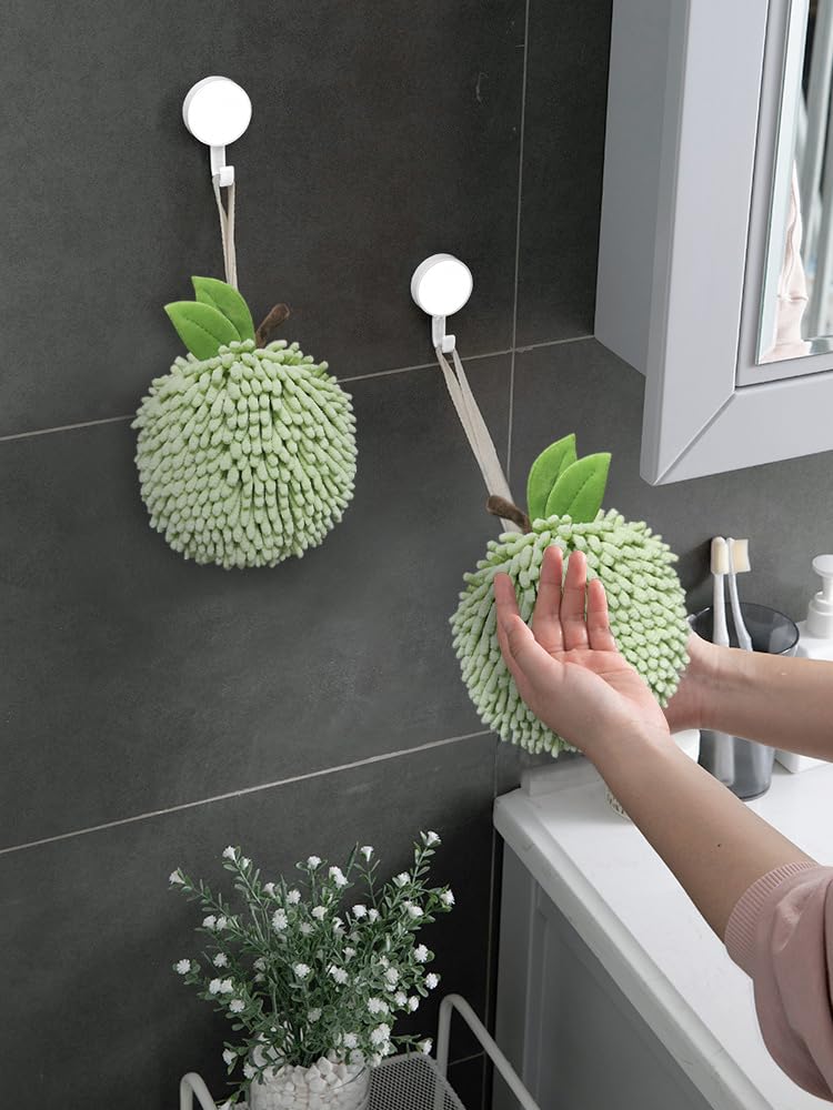 Sophie & Panda Fuzzy Ball Hand Towels (Set of 2) - Super Absorbent Creative Fruit Themed Bathroom Towels for Instant Drying - Green Apple Design - Perfect for Kitchen, Bathroom & Guest Use