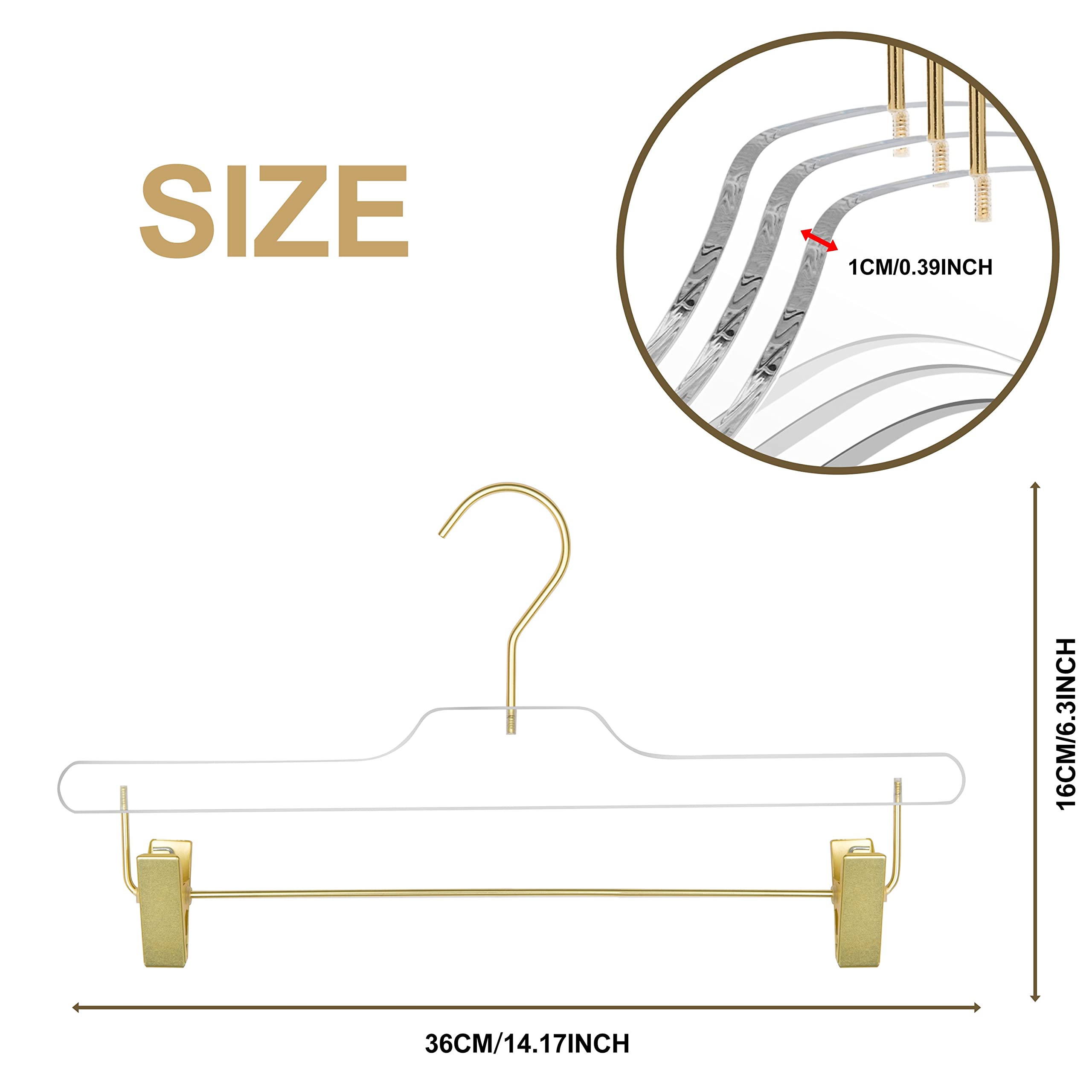 90-Pack Clear Acrylic Skirt & Pants Hangers with Adjustable Gold Metal Clips - Premium Lucite Trousers Hangers with Swivel Hook for Closet Organization - Perfect for Dresses, Skirts, Pants & Bottom Wear Storage