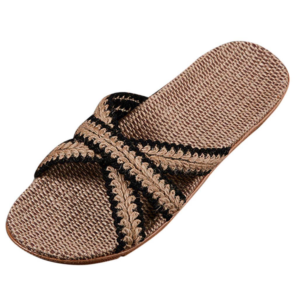 Breathable Linen Slippers for Men & Women - Summer Casual Cross Strap Sandals - Comfortable Home Slipper Shoes for Indoor/Outdoor Use (Black, Size 10) - Perfect for Beach, Yoga & Lounging