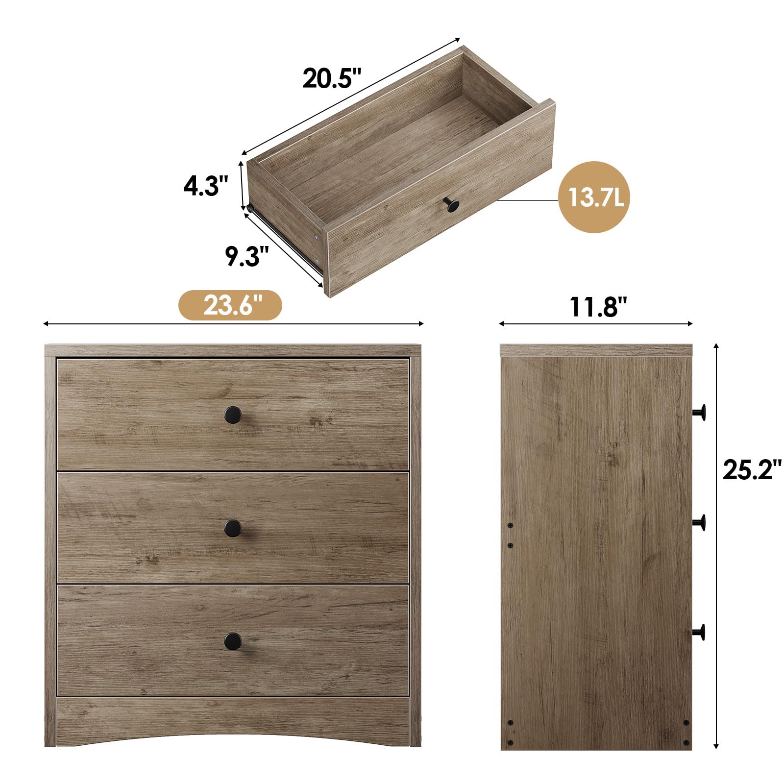 Farmhouse Nightstand with 3 Drawers - Solid Wood Bedside Table, Small Dresser Cabinet for Bedroom - Rustic Gray Storage Furniture for Small Spaces | Perfect for Reading Nook, Guest Room & Apartment Living
