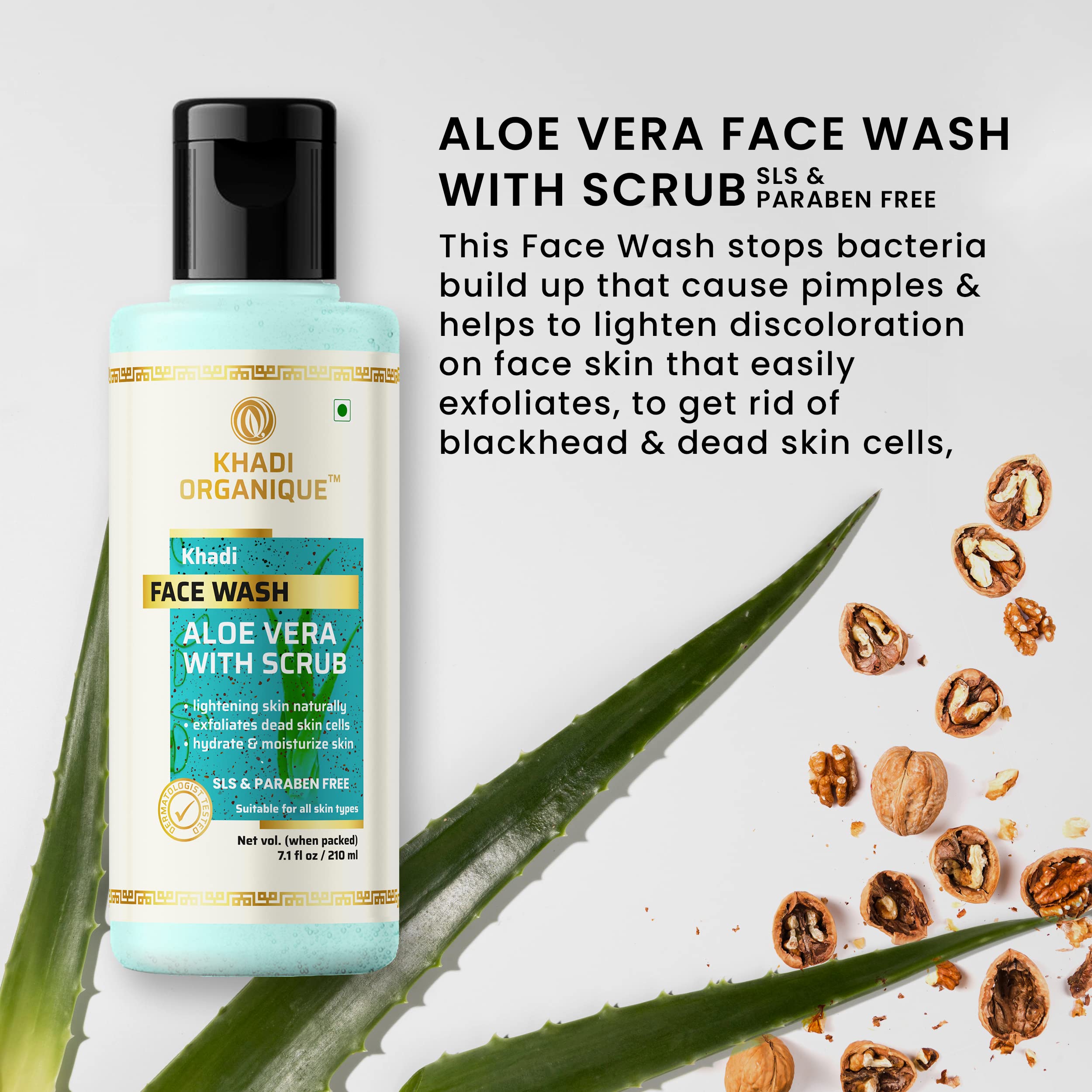 Khadi Organique Aloe Vera Face Wash with Scrub - SLS & Paraben Free - Natural Cleanser for Glowing Skin | Daily Use for Acne, Oily & Sensitive Skin Care
