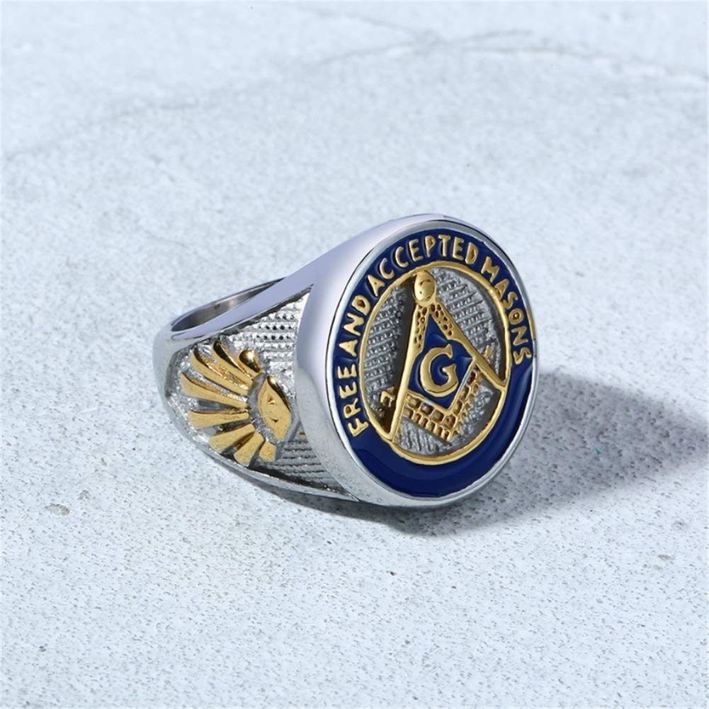 Men's Freemason Symbol Masonic Ring - Stainless Steel Signet Ring in Silver, Gold & Blue - Free and Accepted Masons Jewelry for Brotherhood & Formal Occasions