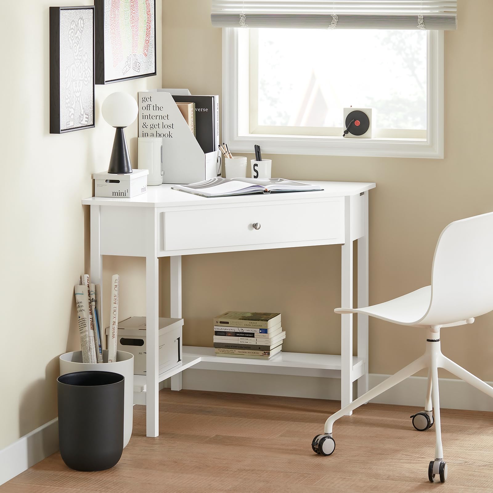 Haotian White Corner Desk with Drawer & Ladder Shelf - Compact Triangle Computer Desk for Small Spaces, Home Office Writing Table & Vanity Desk (Model FWT31-W) - Perfect for Apartments, Dorms & Workspaces