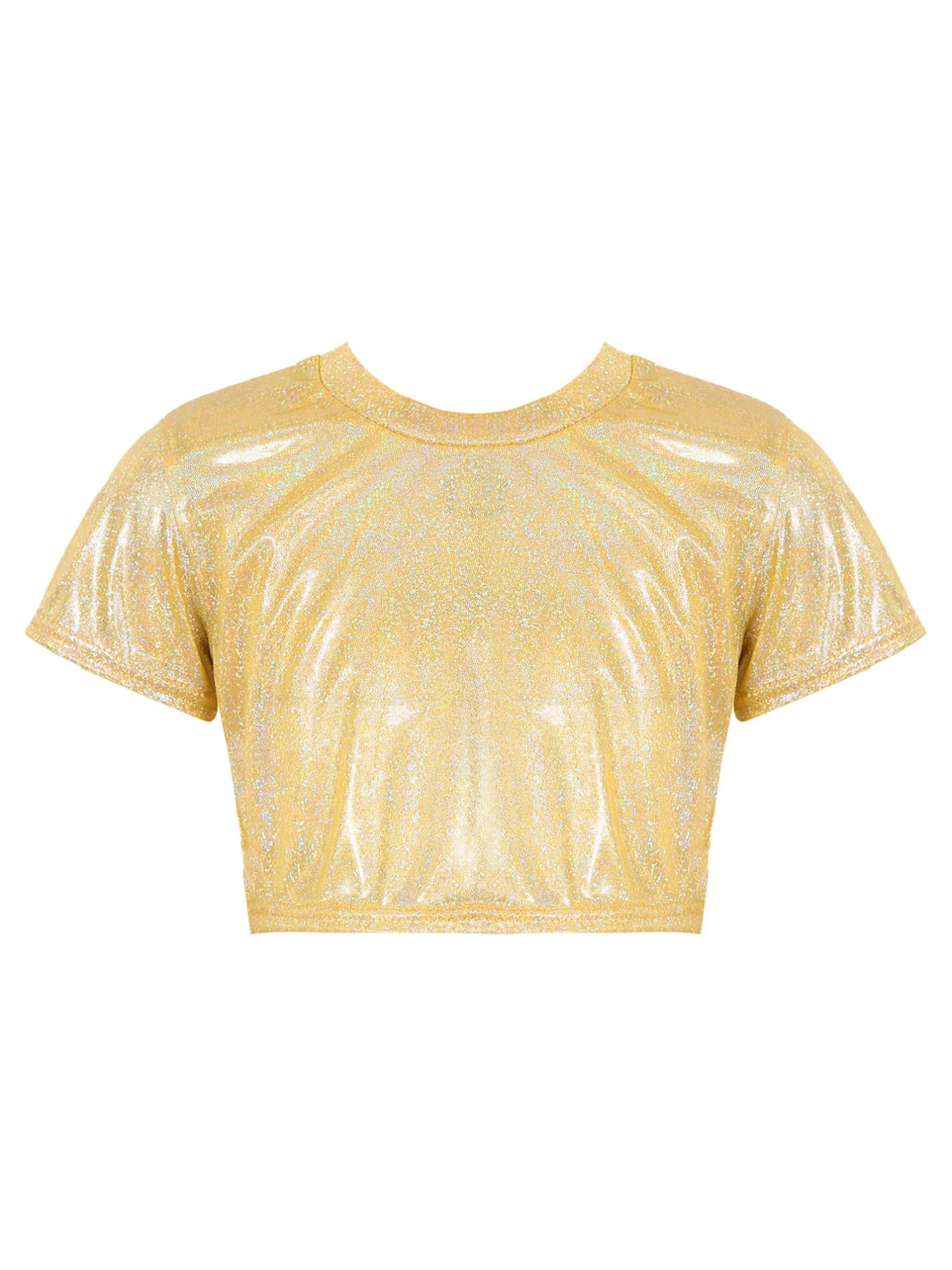 Shiny Metallic Dance Crop Tops for Kids - Girls & Boys Stretch Short Sleeve Shirts - Jazz, Hip Hop Performance Costume - Perfect for Dance Recitals, Competitions & Stage Performances