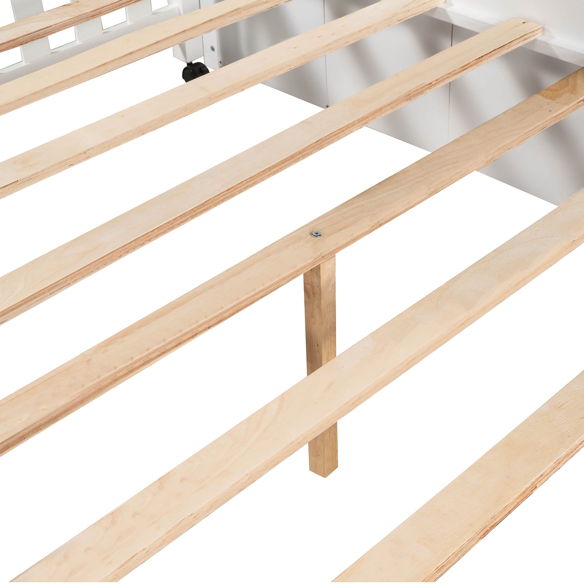 Modern White Wooden Twin Over Full Bunk Bed with 6 Drawers, Adjustable Shelves & Ladder - L-Shaped Full Platform Bed Frame with Wheels & Safety Guardrails - Space-Saving Kids Bedroom Furniture for Small Rooms & Shared Spaces
