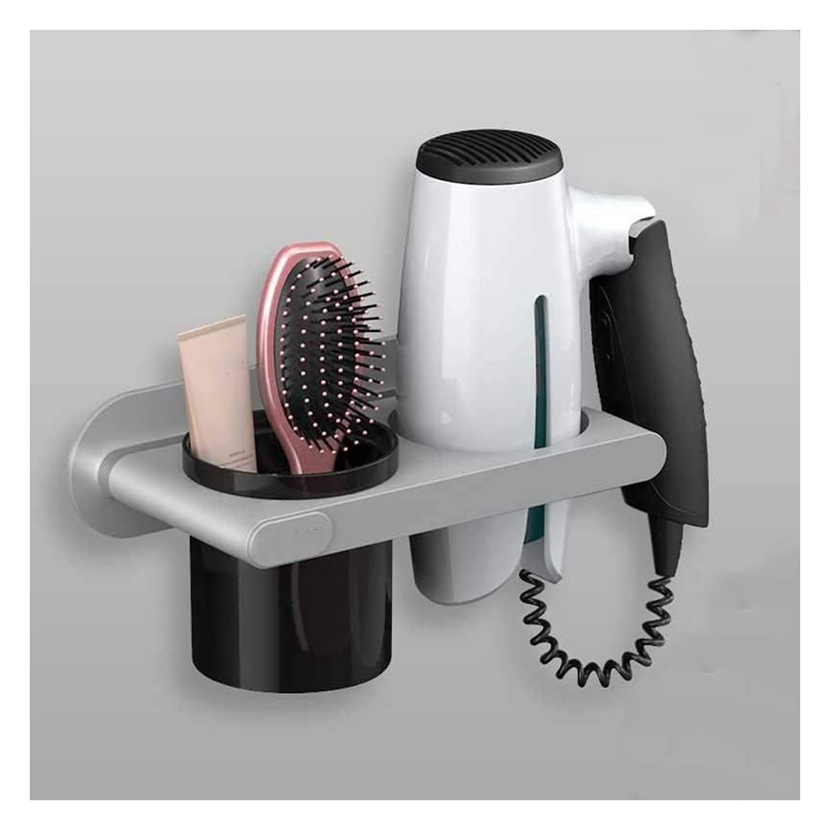 Wall Mounted Hair Dryer Holder - No Drill Bathroom Organizer, Punch-Free Bathroom Shelf for Hair Tools & Accessories | Space Saving Bathroom Storage Solution for Small Bathrooms & Dorms (Color: Gray)