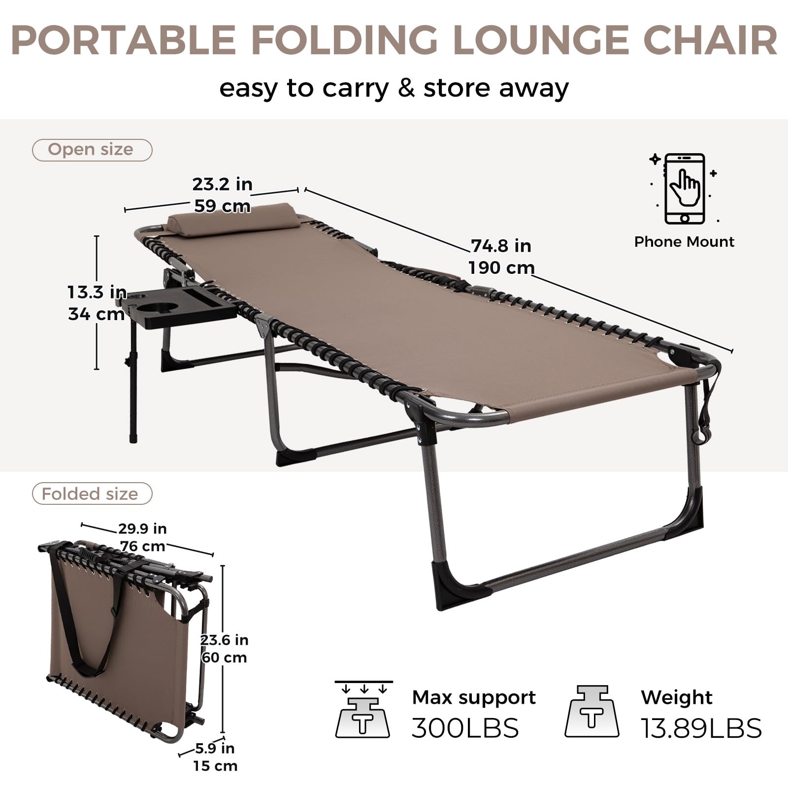 KingCamp Folding Chaise Lounge Chair - Portable Outdoor Recliner for Beach, Pool, Patio, Camping & Backyard Relaxation with Adjustable Backrest, Pillow & Side Table (Beige, 1 Pack) - Perfect for Sunbathing, Picnics, and Outdoor Lounging