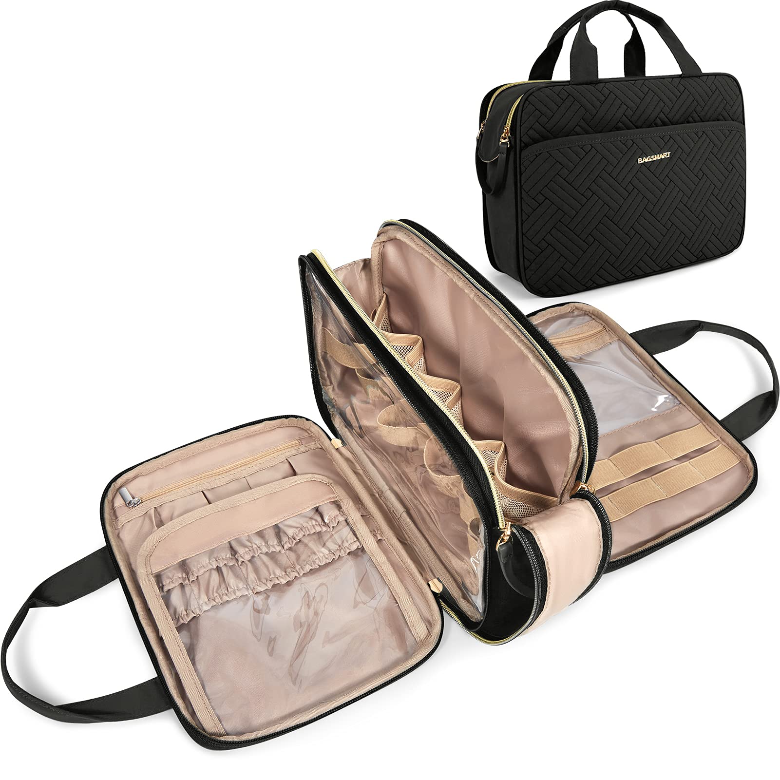 BAGSMART Large Water-resistant Toiletry Bag for Women - Travel Makeup Cosmetic Organizer with Multiple Pockets for Accessories, Shampoo, Toiletries (Medium, Black) | Perfect for Vacation, Gym, Business Trips & Daily Essentials Storage