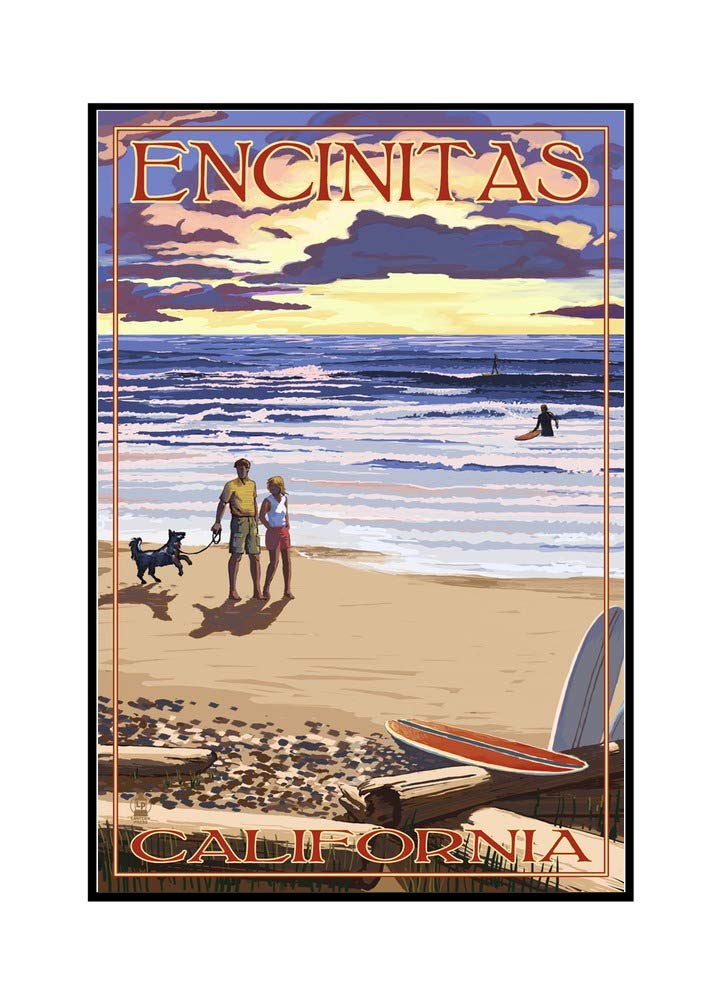 Encinitas California Sunset Beach Wall Art - 24x36 Framed Gallery Wrapped Canvas Painting - Coastal Home Decor for Living Room, Bedroom & Office