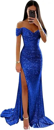 Elegant Off Shoulder Sequin Mermaid Maxi Dress for Women | 2025 Prom Party Evening Gown | Perfect for Formal Events, Weddings & Special Occasions