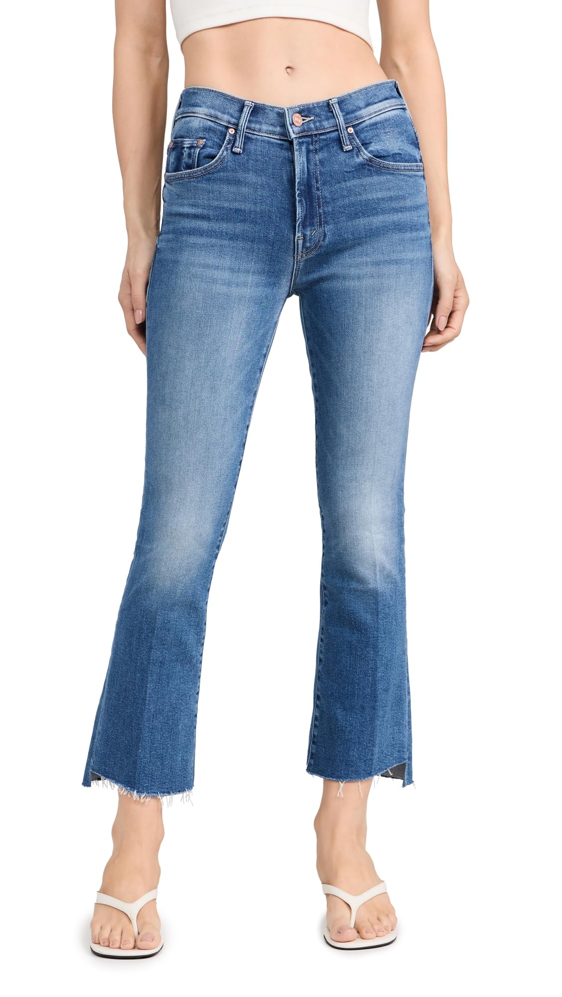 MOTHER Women's The Insider Crop Step Fray Jeans - Distressed High Waist Skinny Jeans in Blue Wash, Size 32 | Perfect for Casual Outfits, Date Nights & Street Style Fashion
