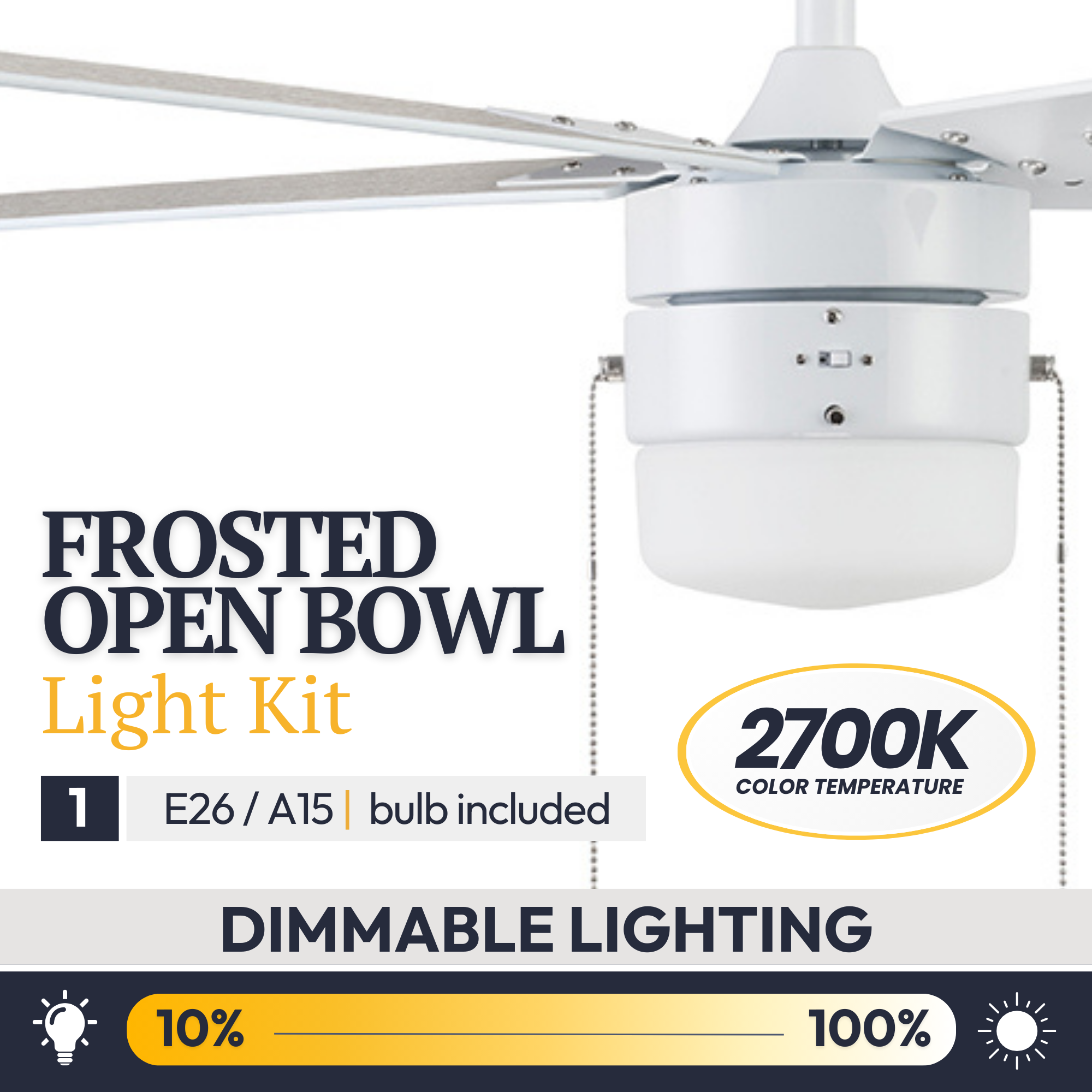 52 Inch White Ceiling Fan with Pull Chain - Energy Efficient, Quiet Operation for Living Room, Bedroom, and Office