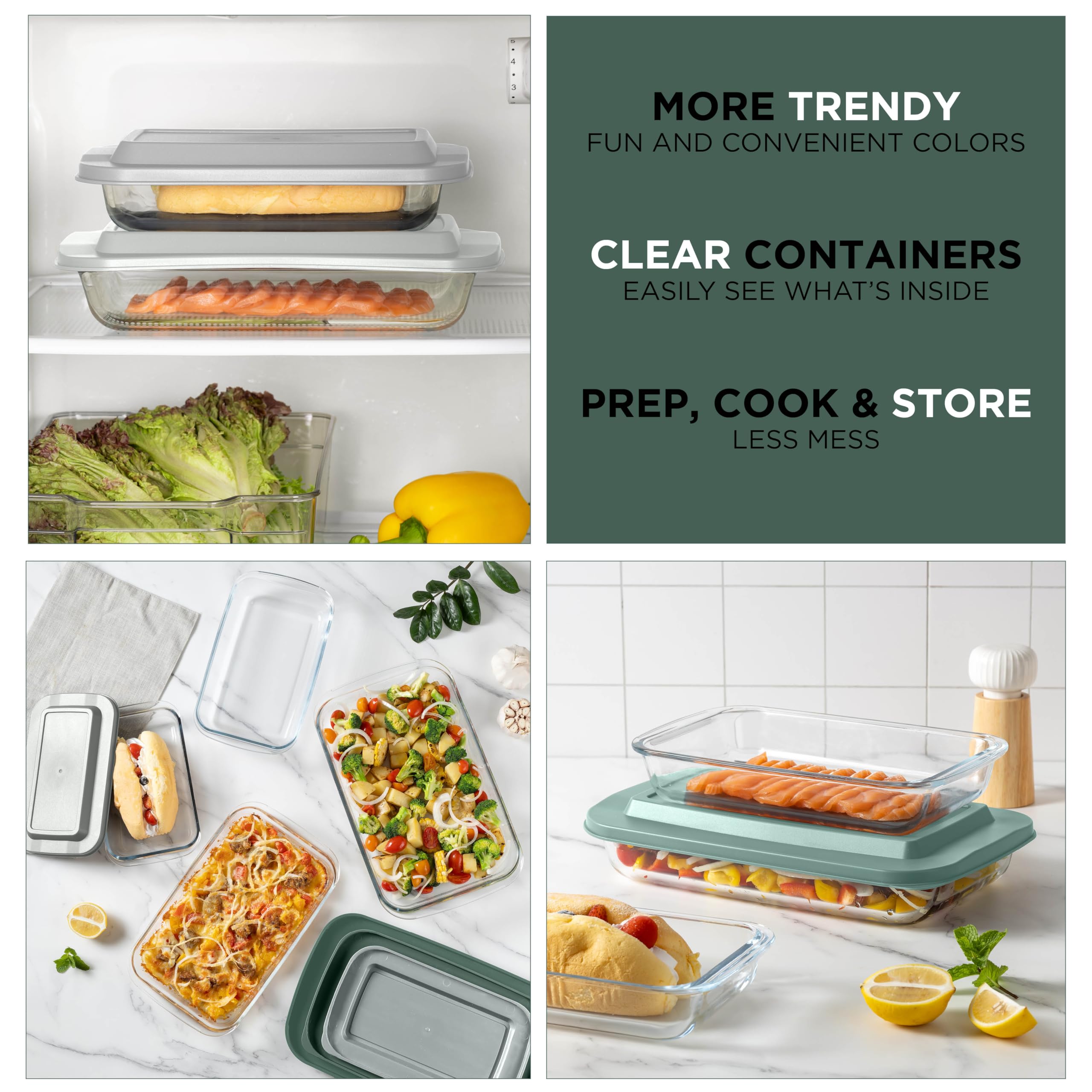 8-Piece Colorful Glass Baking Dish Set with Lids - Oven, Freezer & Microwave Safe Deep Casserole Dishes & Food Storage Containers - Perfect for Meal Prep, Leftovers & Holiday Cooking (Sage Green)