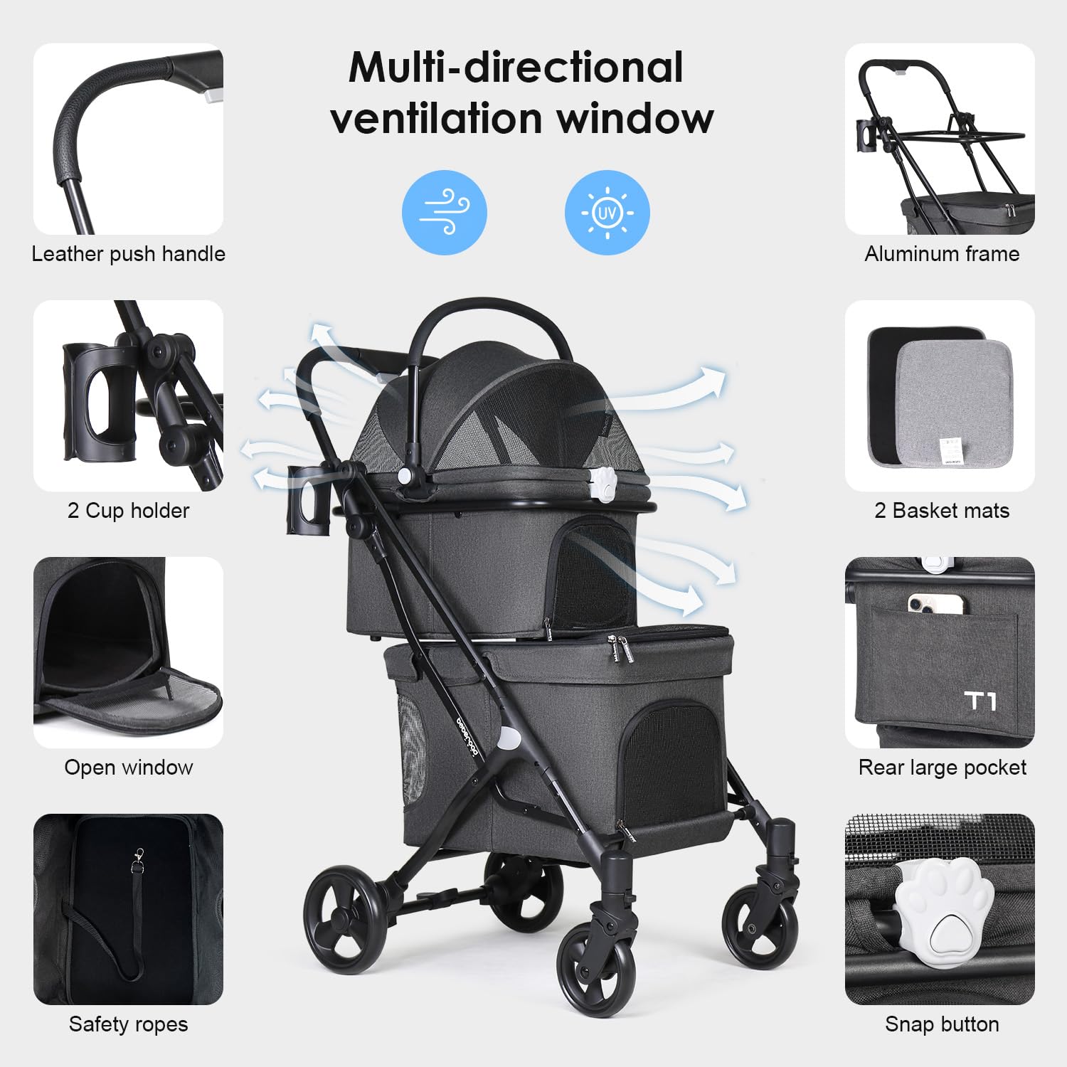 Premium T1 Double Pet Stroller for 2 Small Dogs or Cats - Lightweight Foldable Design with Detachable Carrier - Ideal for Park Walks, Vet Visits & Travel (Black)