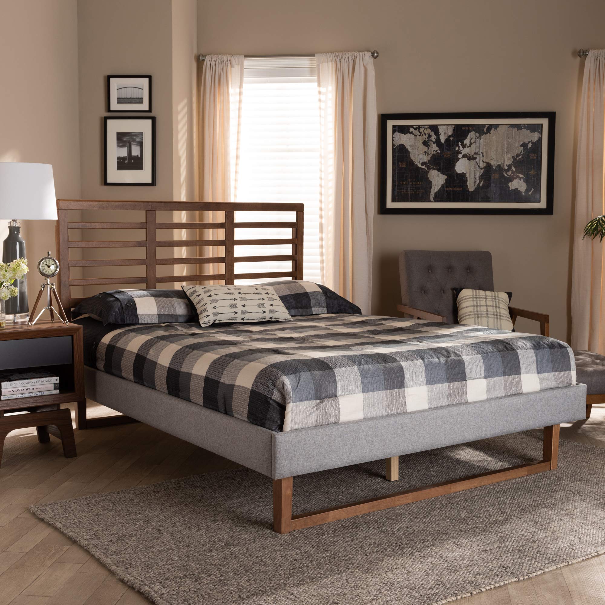 Baxton Studio Full Size Platform Bed Frame - Light Grey/Ash Walnut Finish - Modern Minimalist Bedroom Furniture for Small Spaces & Apartments