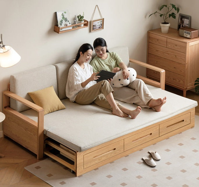 Oak Solid Wood Folding Storage Sofa Bed - Convertible Guest Bed & Space-Saving Furniture for Small Apartments, Living Rooms & Dorm Rooms