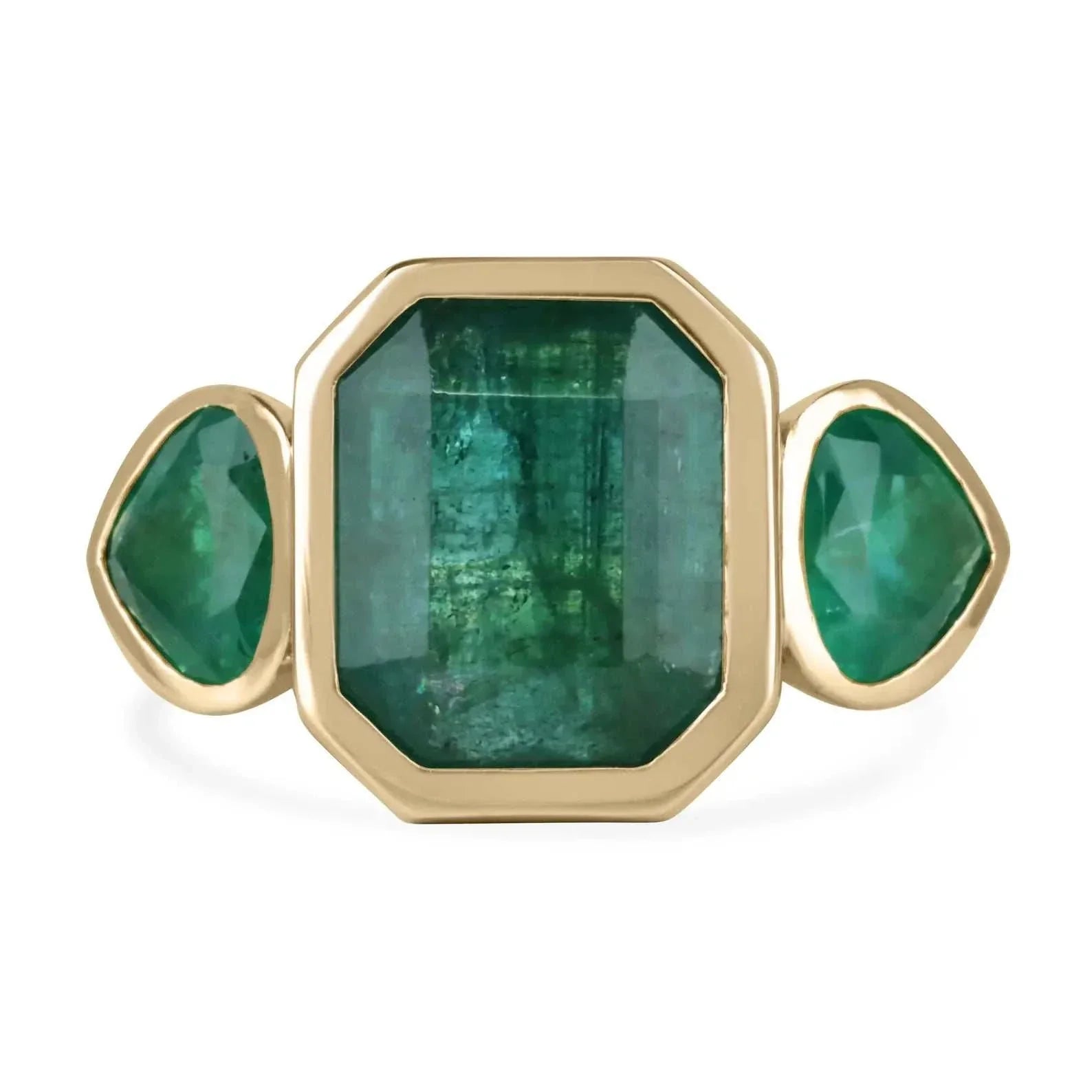 15.44tcw Three Stone Emerald Ring - 11.32 Carat Zambian Emerald with Pear Cut Accents in 18K Gold | Elegant Jewelry for Weddings, Anniversaries & Special Occasions