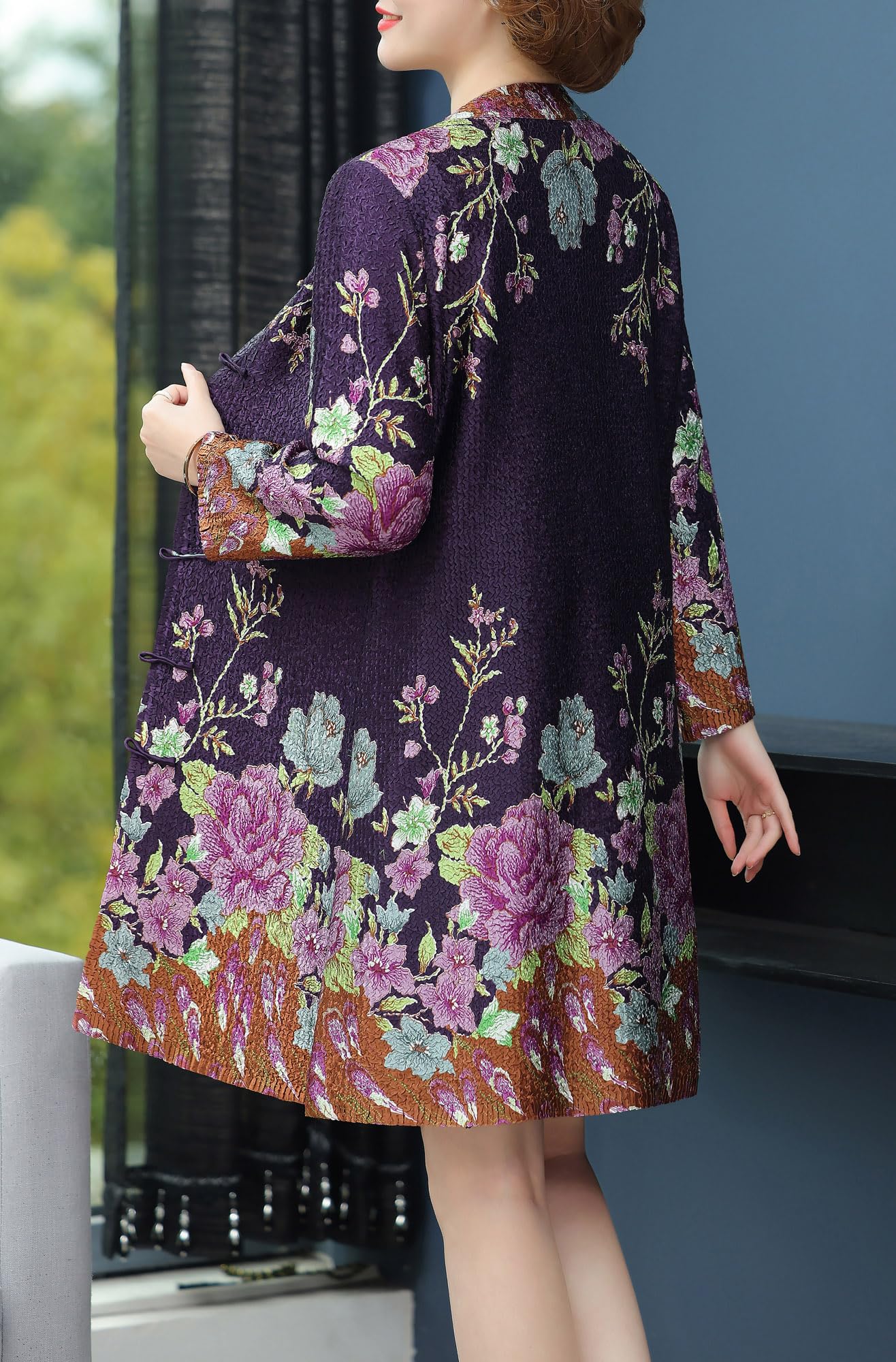 Women's Reversible Crinkle Bubble Fabric Long Shirt with Floral Print - Elegant Chinese Style Blouse for Casual Wear, Office & Special Occasions