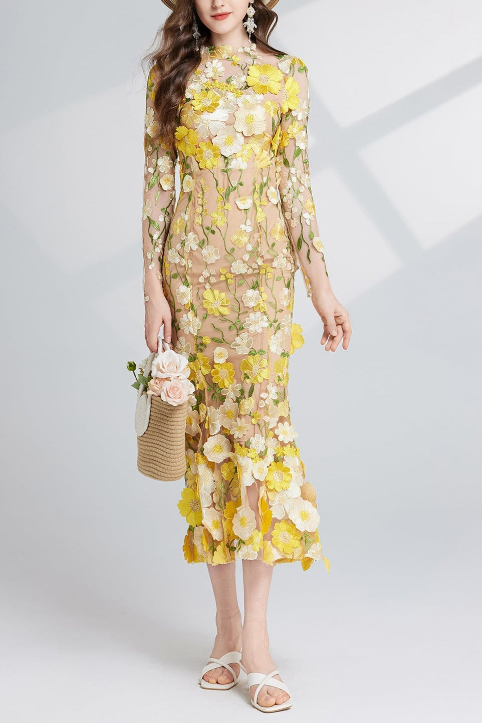 Carol Yellow Floral Embroidered Mesh Long Sleeve Midi Dress - Perfect for Spring Weddings, Garden Parties & Boho Chic Outfits