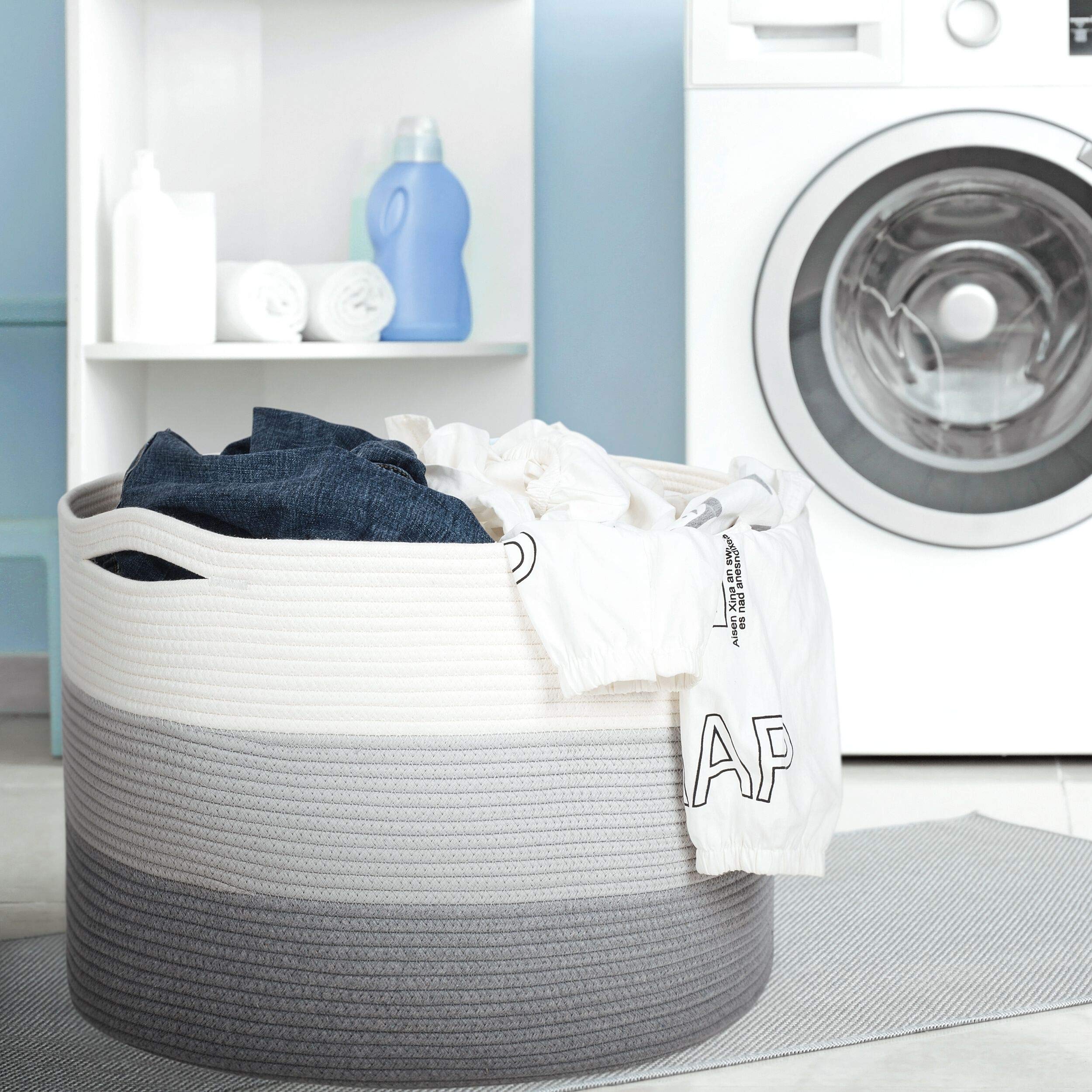 MINTWOOD Extra Large 22x14 Inch Woven Cotton Rope Storage Basket - Light Gray 3-Tone Decorative Bin for Laundry, Blankets, Towels & Dog Toys | Perfect for Bedroom, Bathroom & Nursery Organization