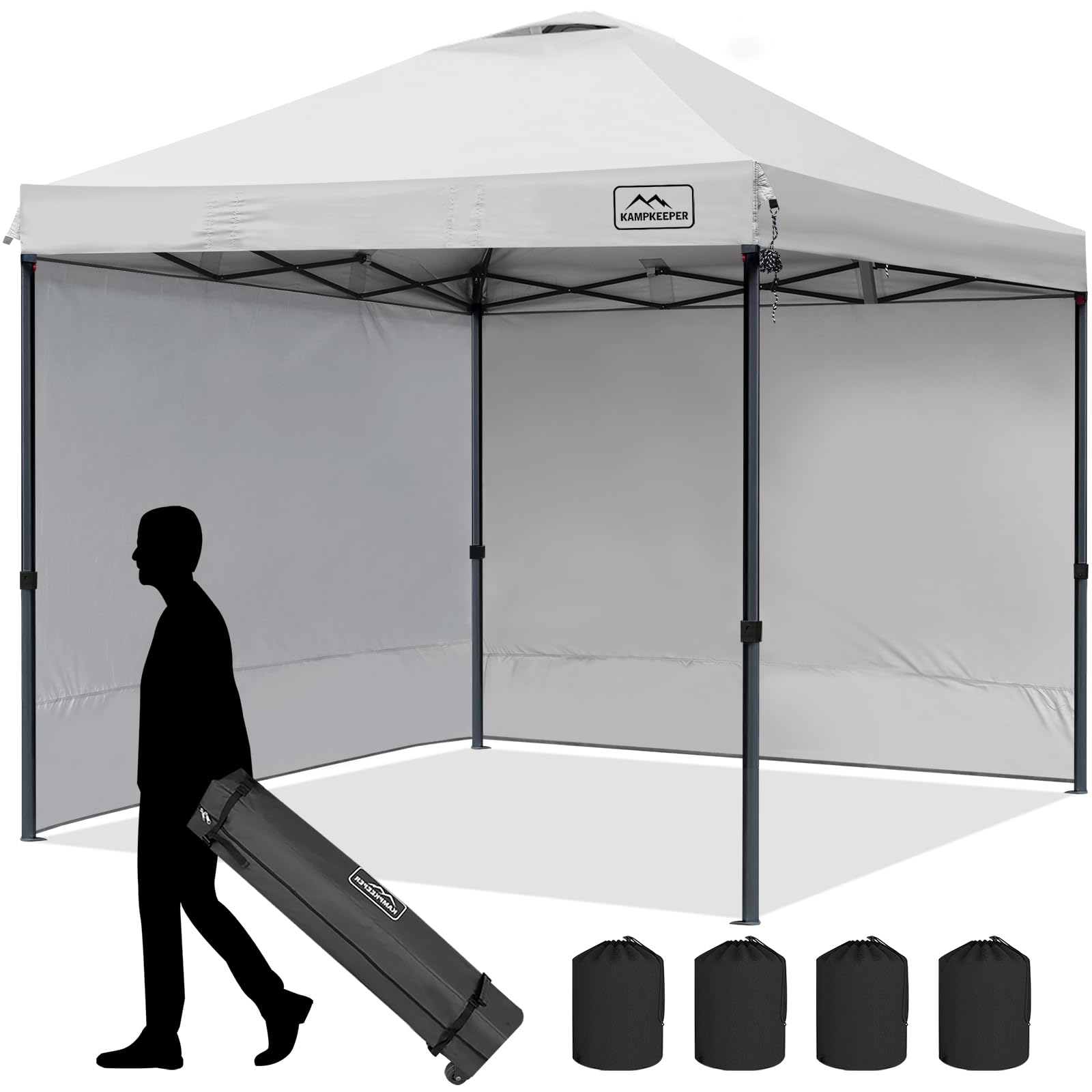 KAMPKEEPER 10x10 Pop Up Canopy Tent with 2 Sidewalls - Portable Outdoor Sun Shade for Beach, Camping, Backyard Parties, Picnics & Tailgating - Includes 4 Weight Bags & Carry Bag (White) - Perfect for Summer Outdoor Events, Family Gatherings and Sports Activities