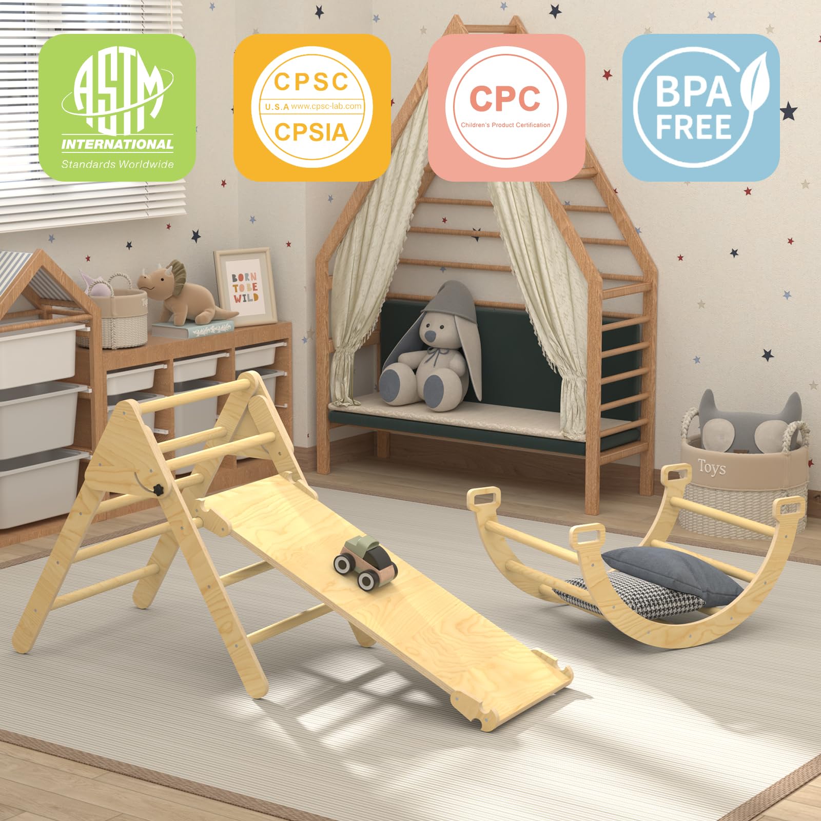 5 in 1 Pikler Triangle Set - Montessori Foldable Climbing Toys for Toddlers 1-7 Years | Kids Indoor Play Gym with Ramp, Arch Rocker & Triangle | Perfect for Home Playroom, Daycare & Preschool Development Activities