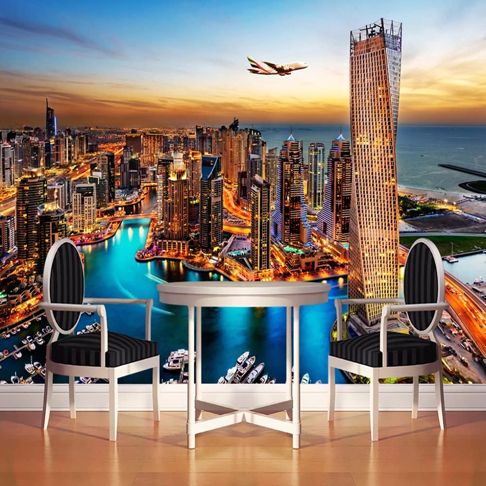 Custom Dubai City Night View 3D Mural Wallpaper - 450x300cm Self-Adhesive Wall Decal for Living Room, Bedroom & TV Background | Home Decor, Office, Commercial Space