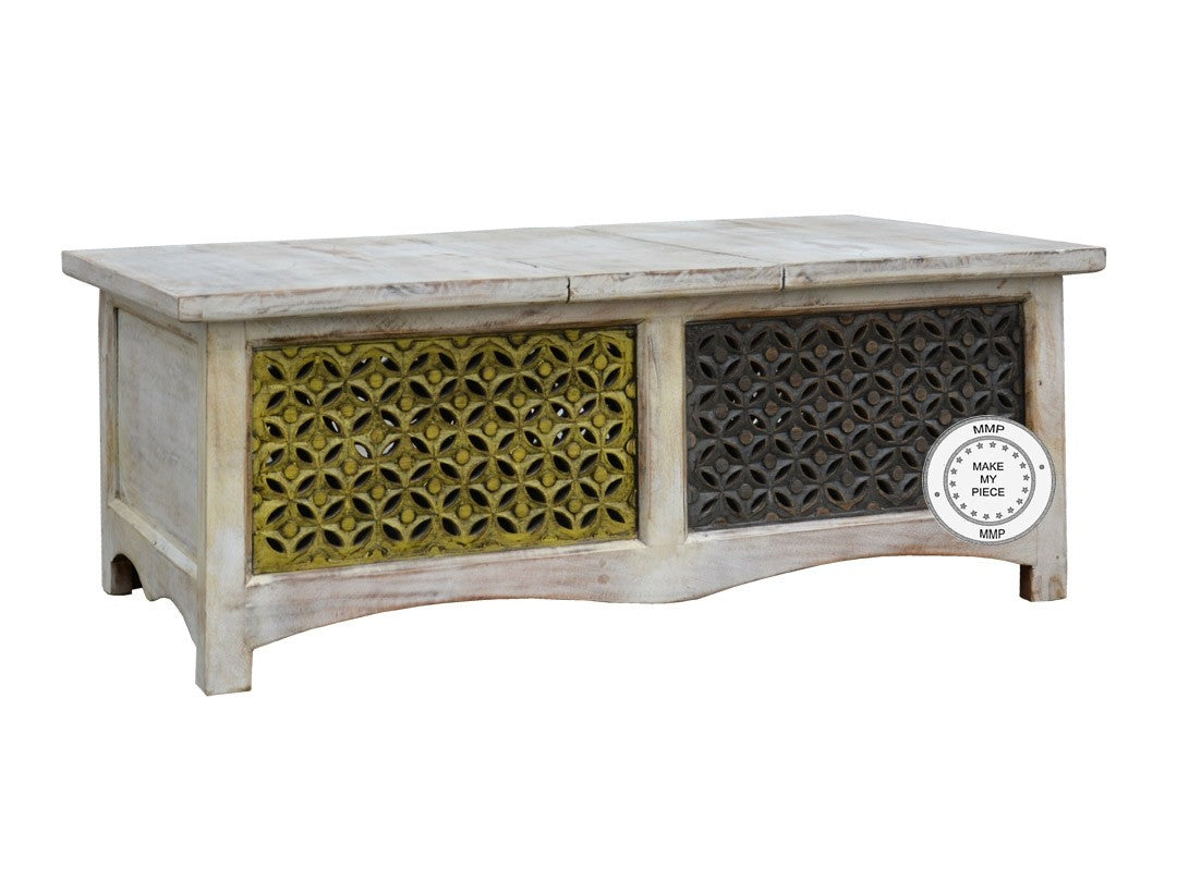 Hand Carved Indian Solid Wood Jali Chest Box with Side Table - Whitewashed Storage for Jewelry, Blankets & Home Decor - Perfect for Bedroom, Living Room & Boho Style Decor